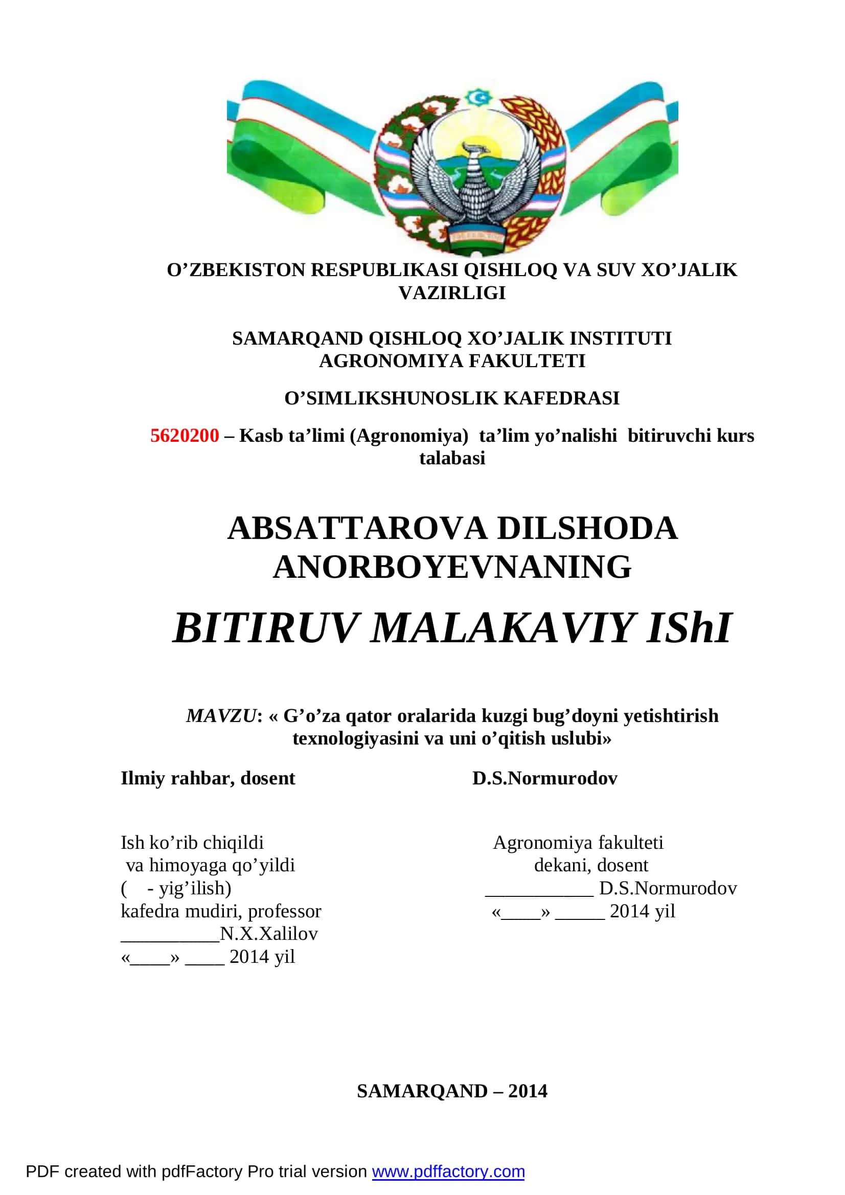 G’o’za qator oralarida kuzgi bug’doyni yetishtirish texnologiyasini va uni o’qitish uslubi 1