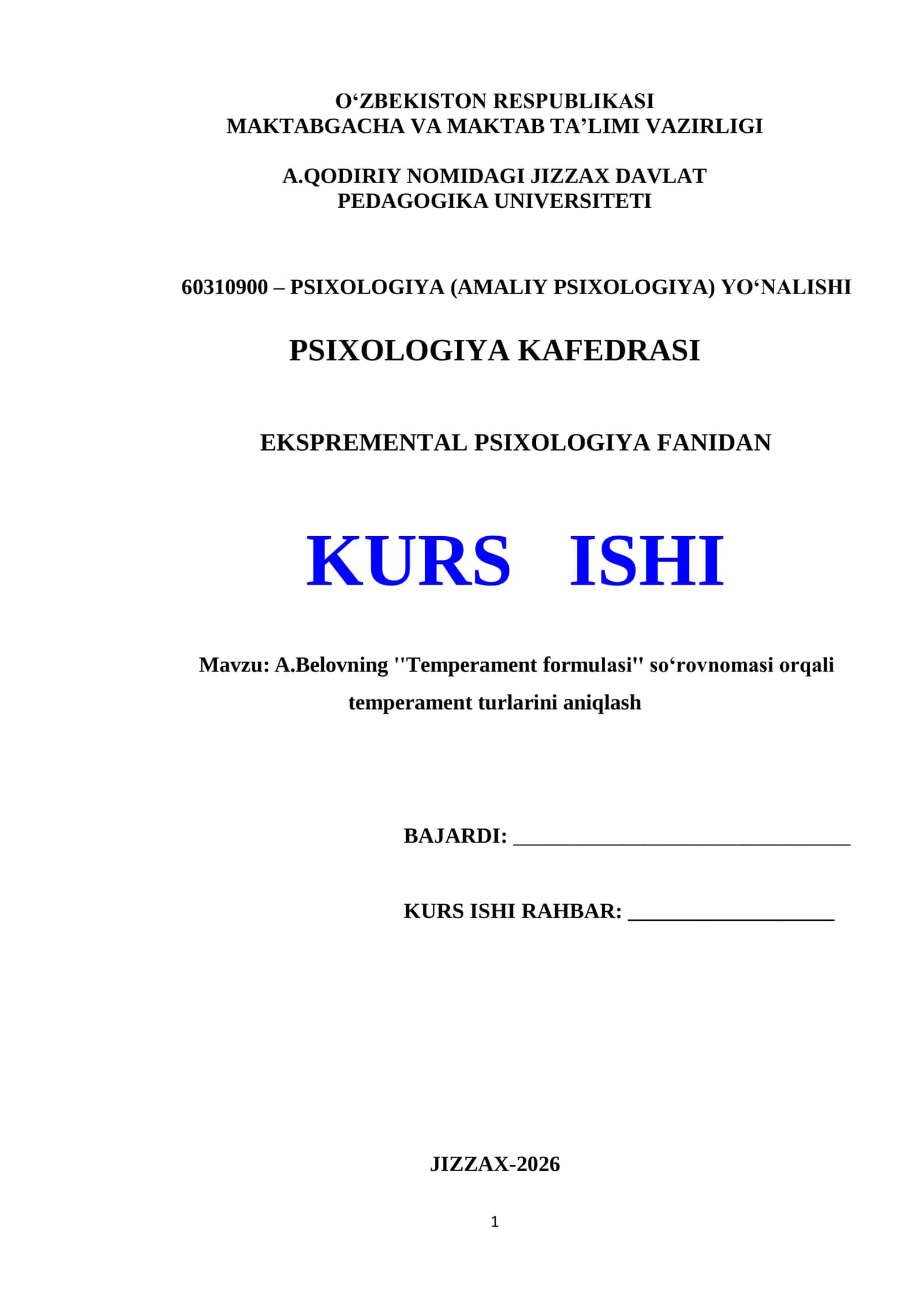 EKSPERIMENTAL PSIXOLOGIYA FANIDAN KURS ISHI 1