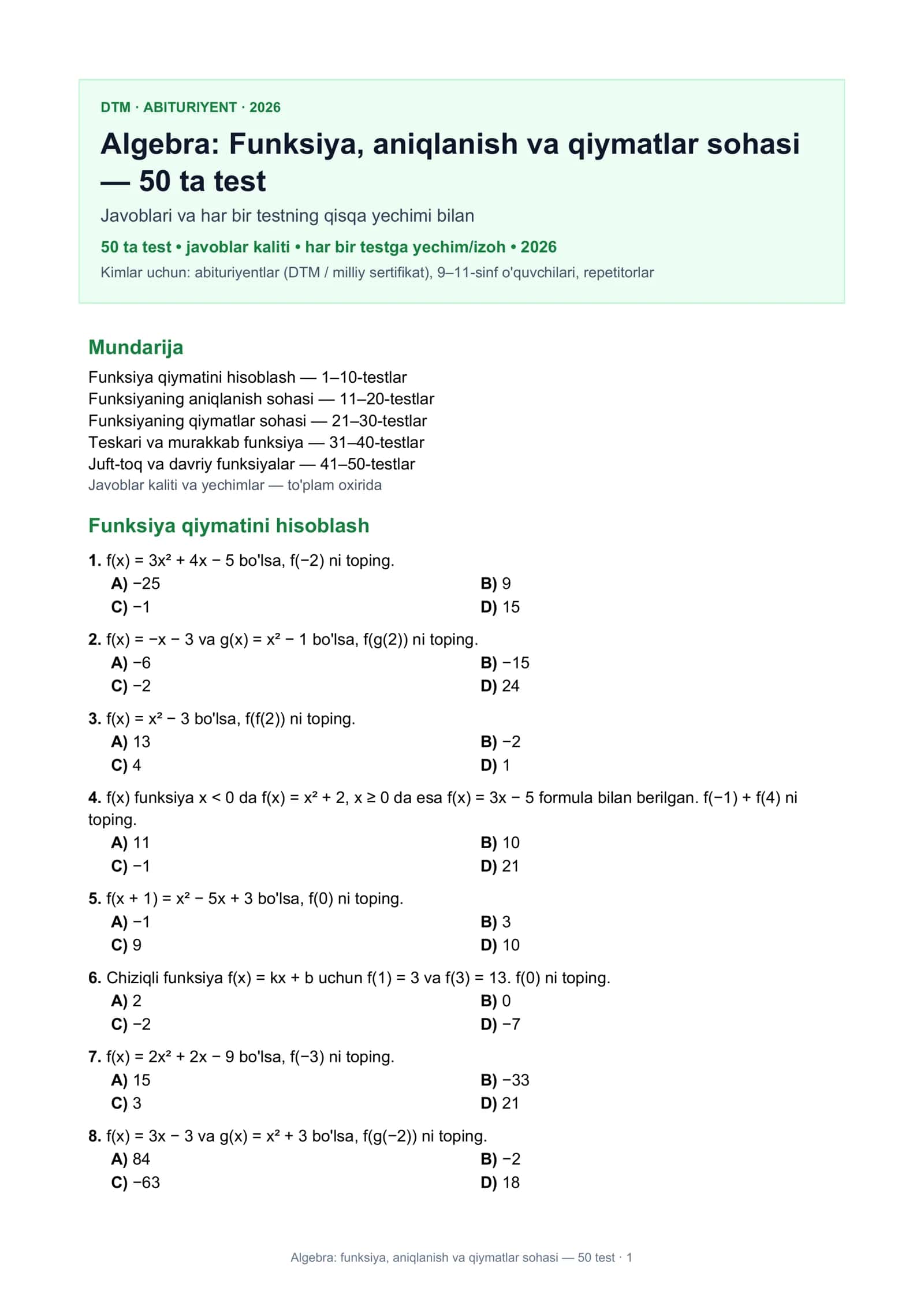Algebra: funksiya, aniqlanish va qiymatlar sohasi 1