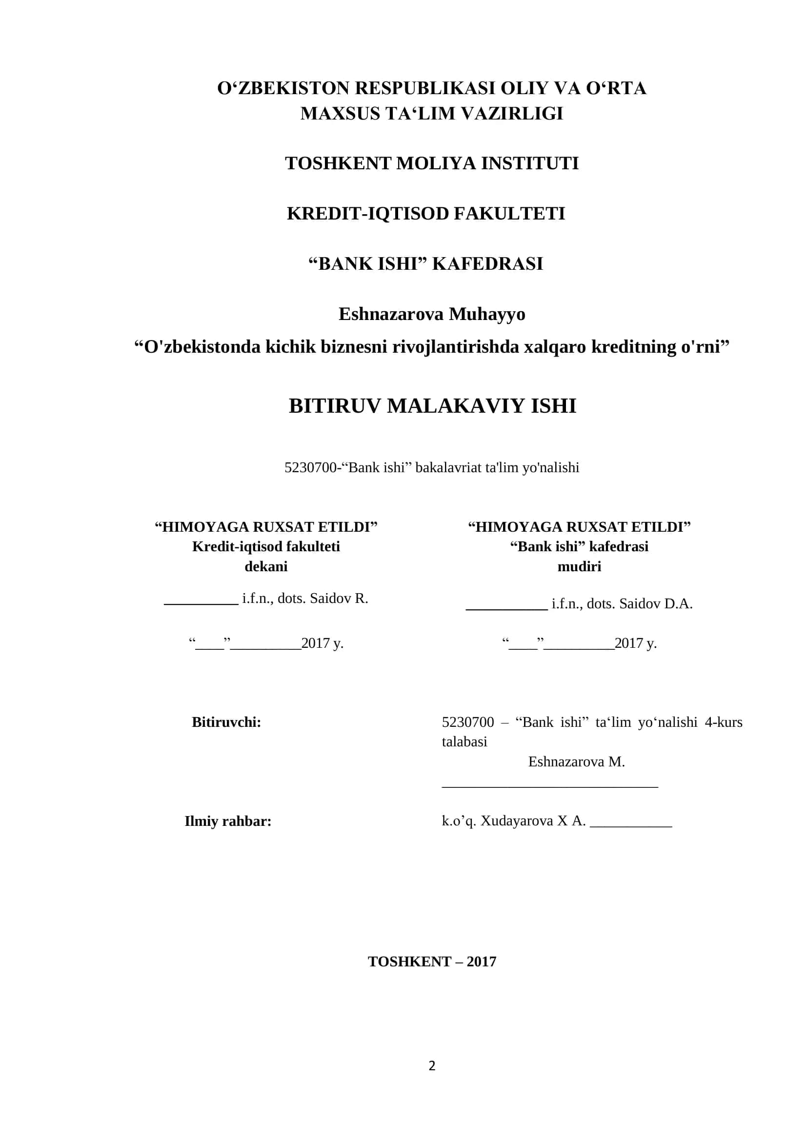 Kichik biznesning iqtisodiyotda tutgan o'rni va kreditlashning huquqiy asoslari 1