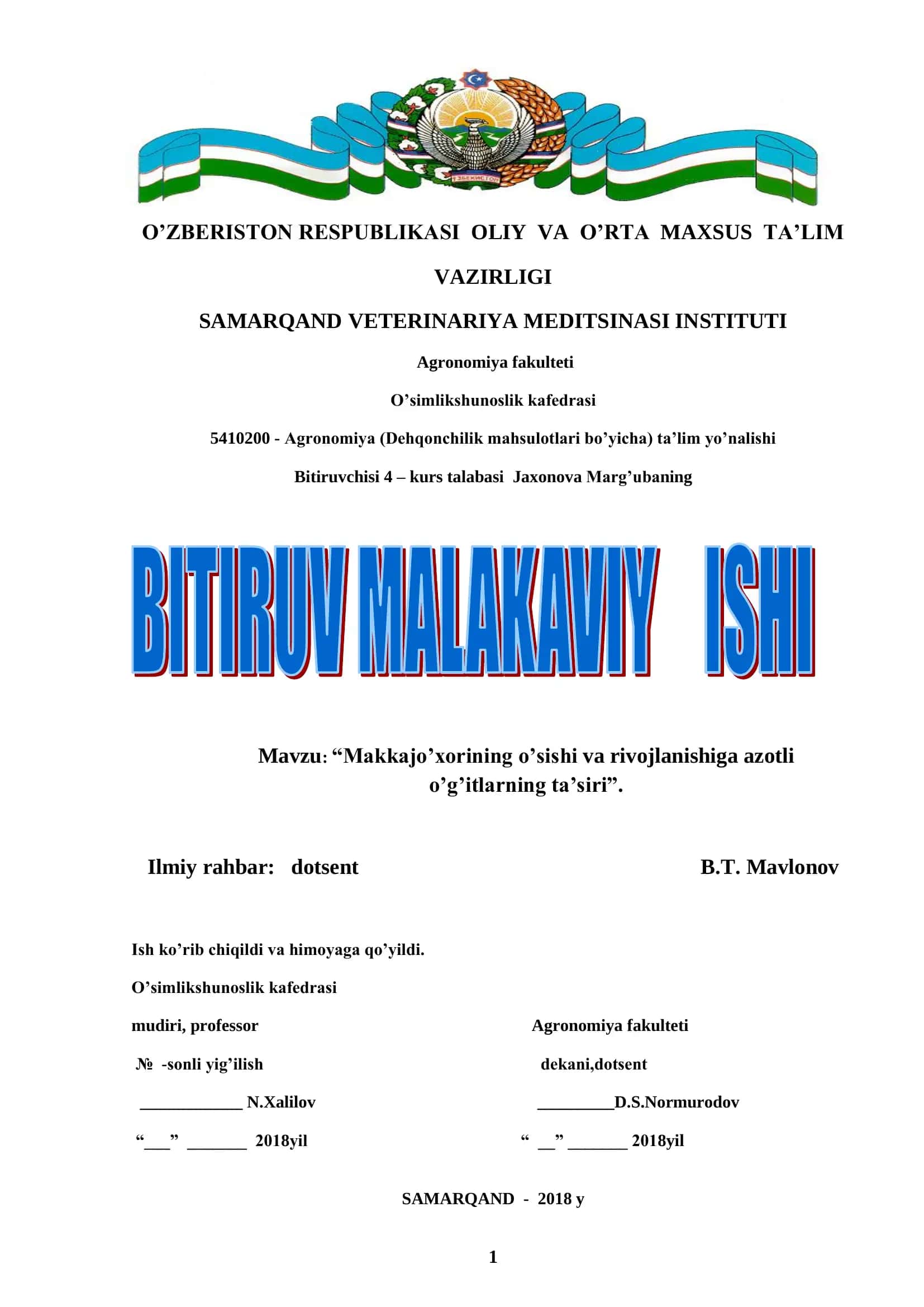 Makkajo’xorining o’sishi va rivojlanishiga azotli 1
