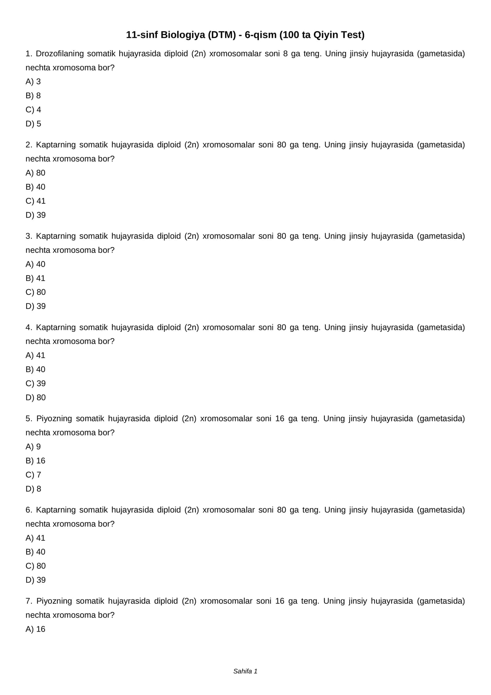 11-sinf Biologiya (DTM) - 6-qism (100 ta Qiyin Test) 1