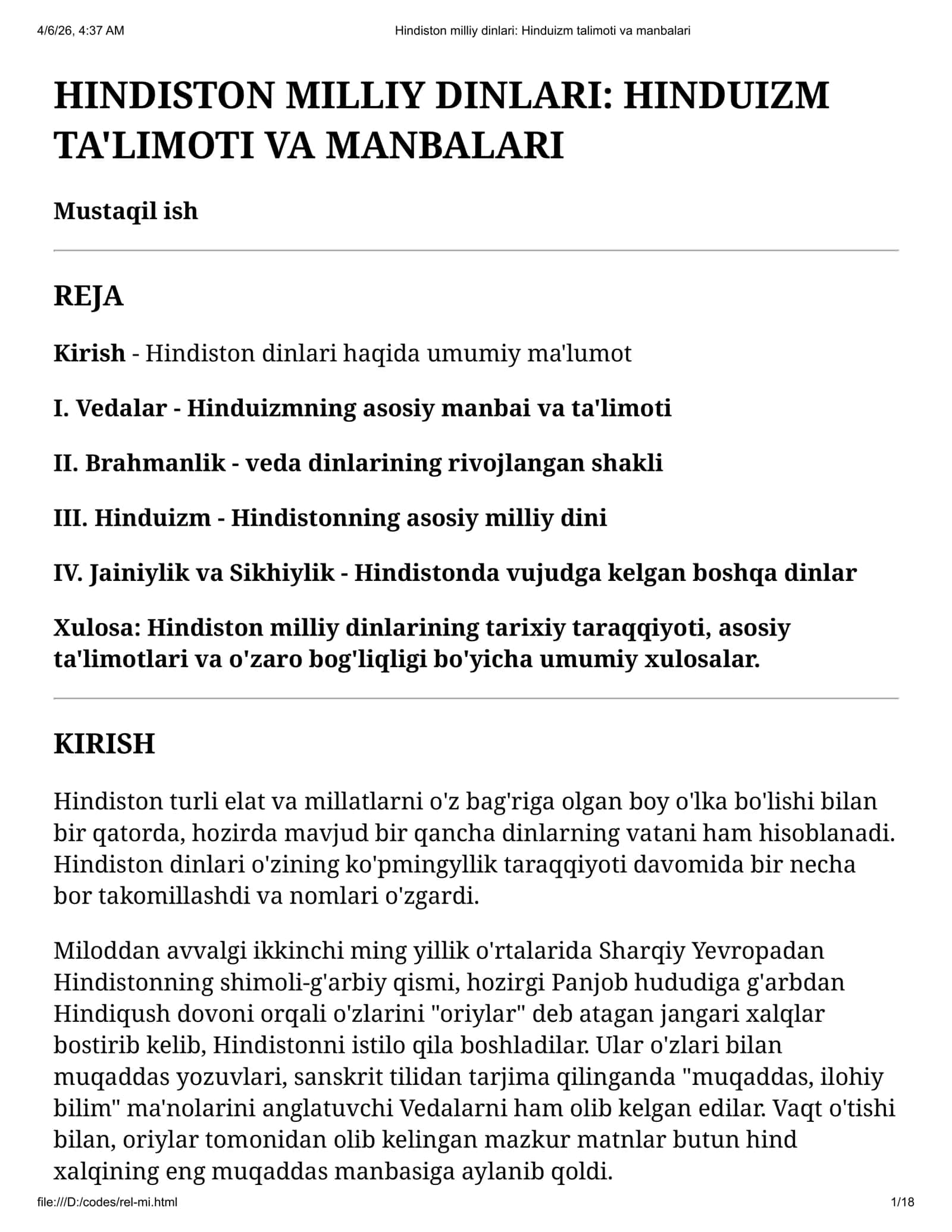 Mustaqil ish: Hindiston milliy dinlari: Hinduizm ta'limoti va manbalari 1
