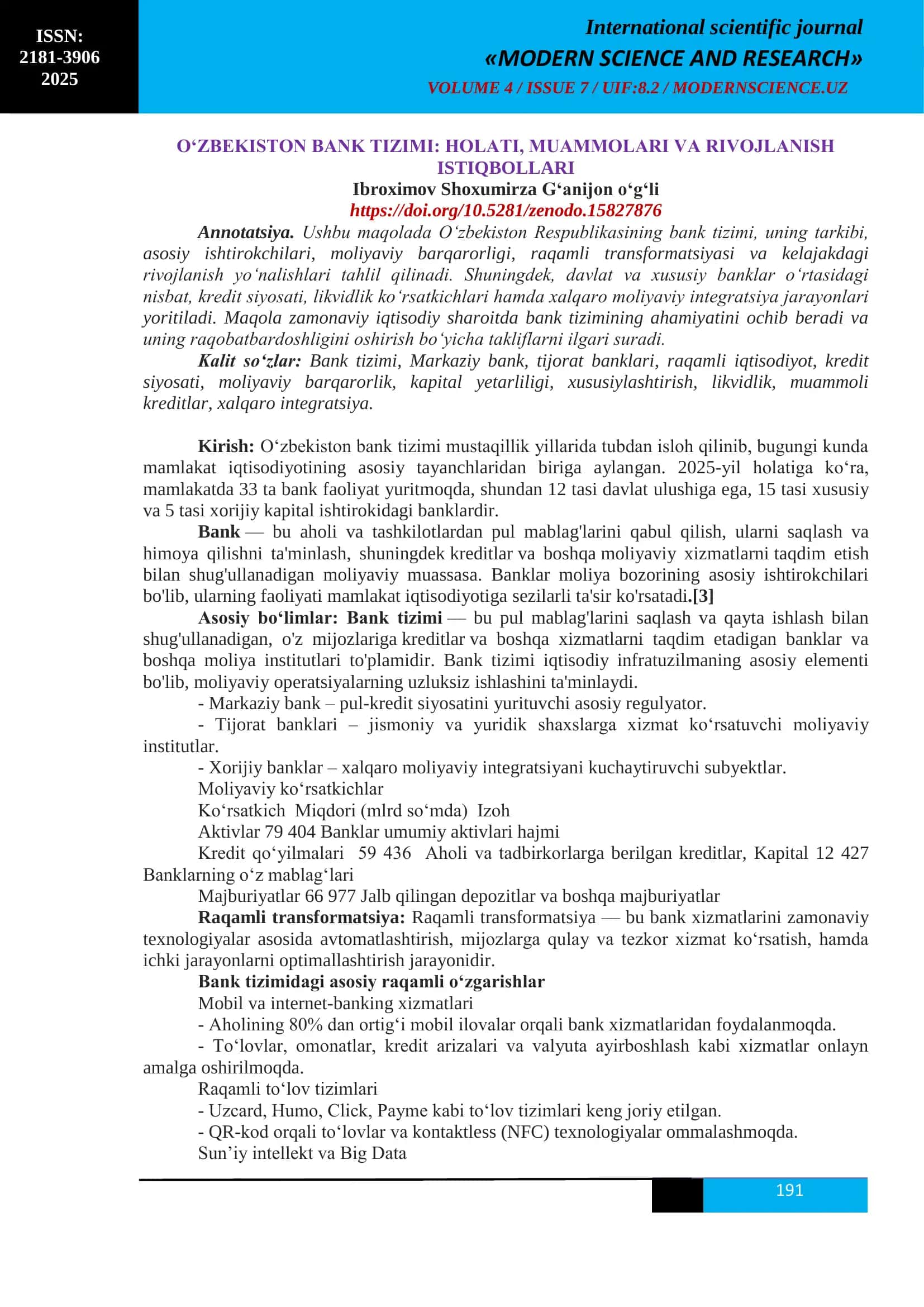 O‘ZBEKISTON BANK TIZIMI: HOLATI, MUAMMOLARI VA RIVOJLANISH ISTIQBOLLARI 1