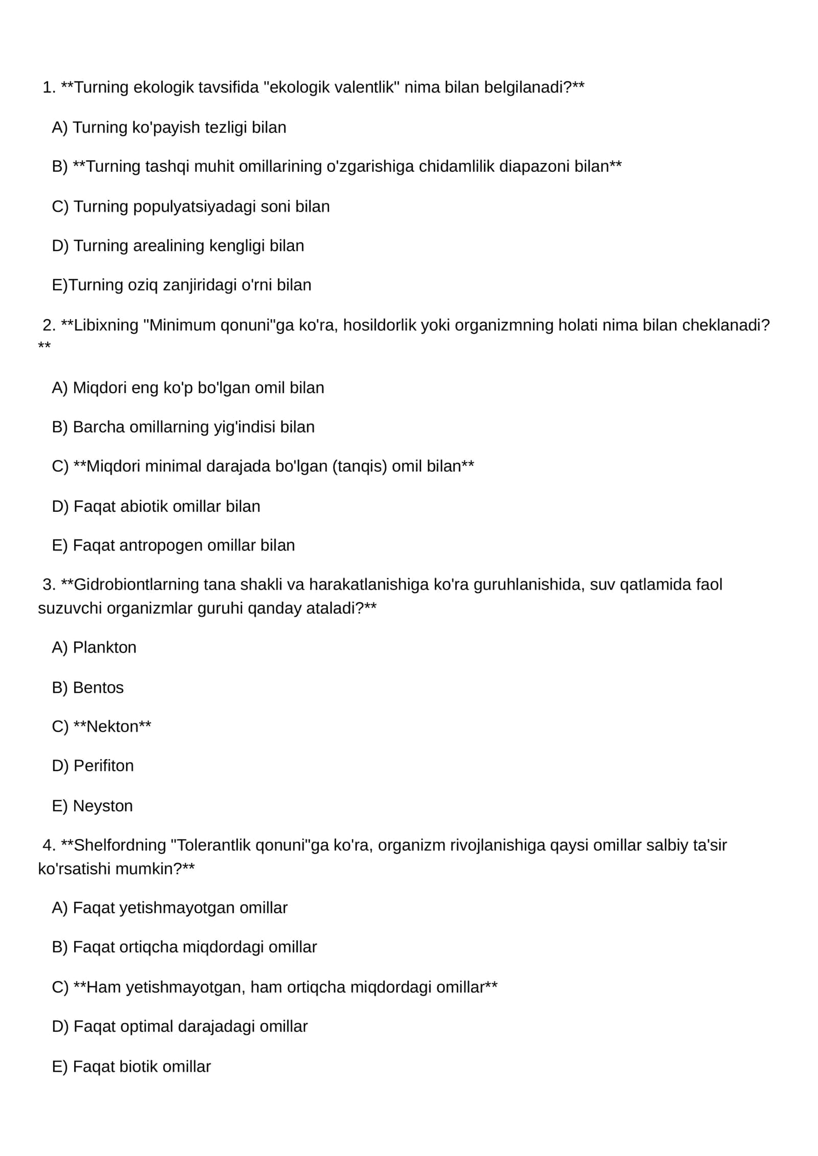 Ekologik valentlik, Minimum qonuni, Gidrobiontlar, Tolerantlik qonuni 1