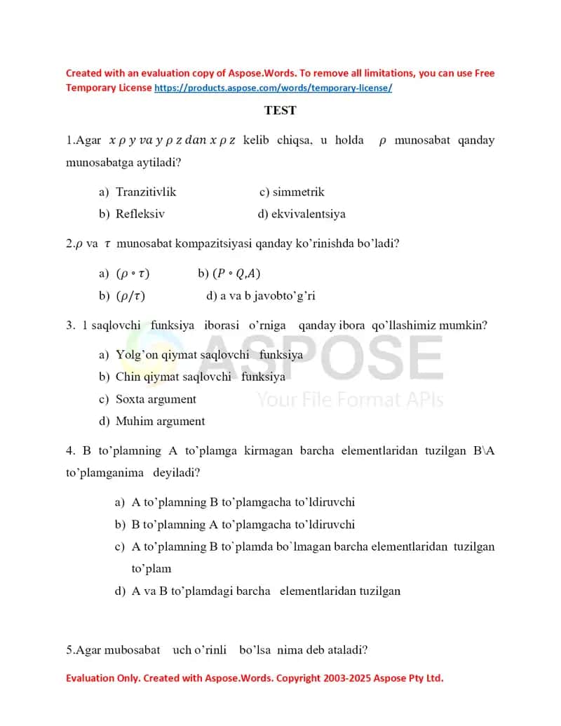Diskret matematikadan testlar 1