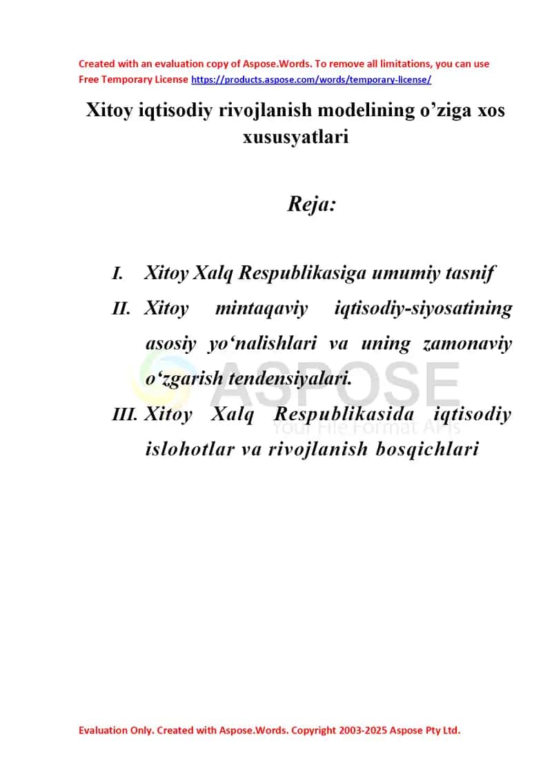 Xitoy iqtisodiy rivojlanish modelining o’ziga xos xususyatlari 1