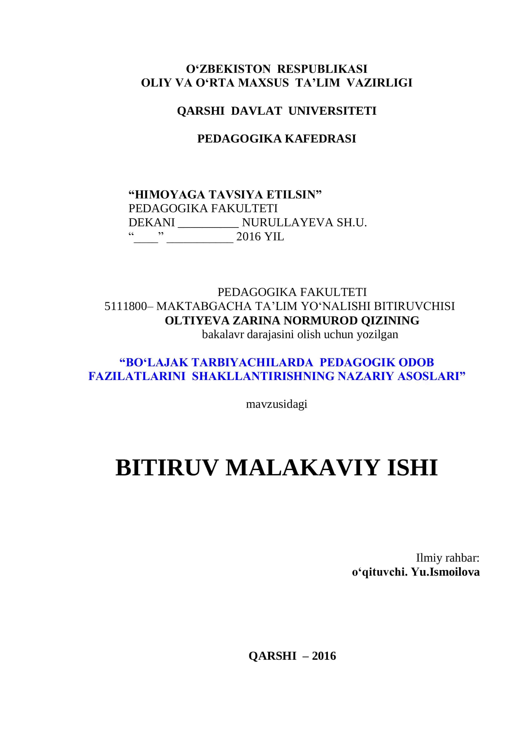 MAKTABGACHA TA’LIM YO‘NALISHI BITIRUVCHISI 1