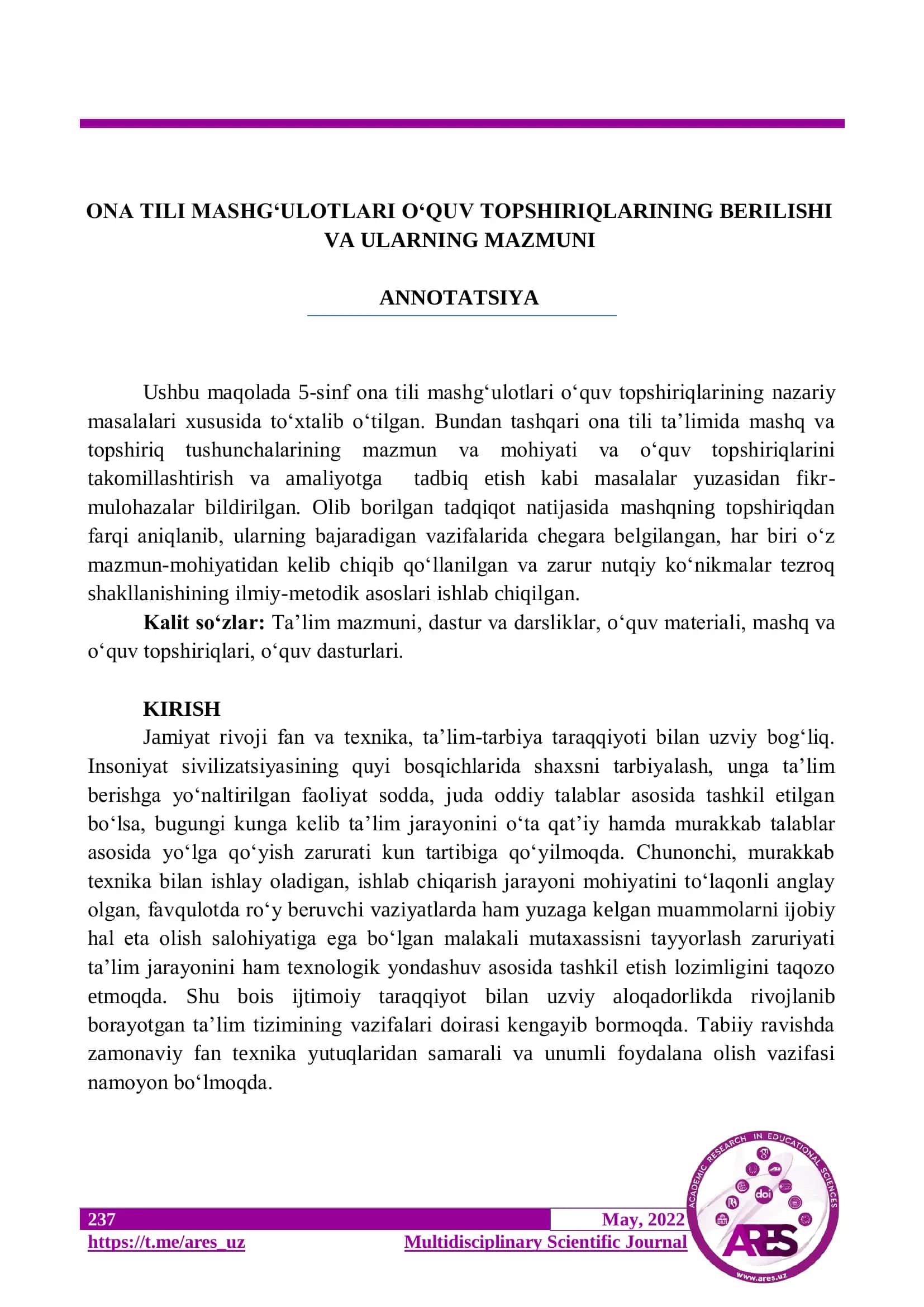 ONA TILI MASHG‘ULOTLARI O‘QUV TOPSHIRIQLARINING BERILISHI VA ULARNING MAZMUNI 1