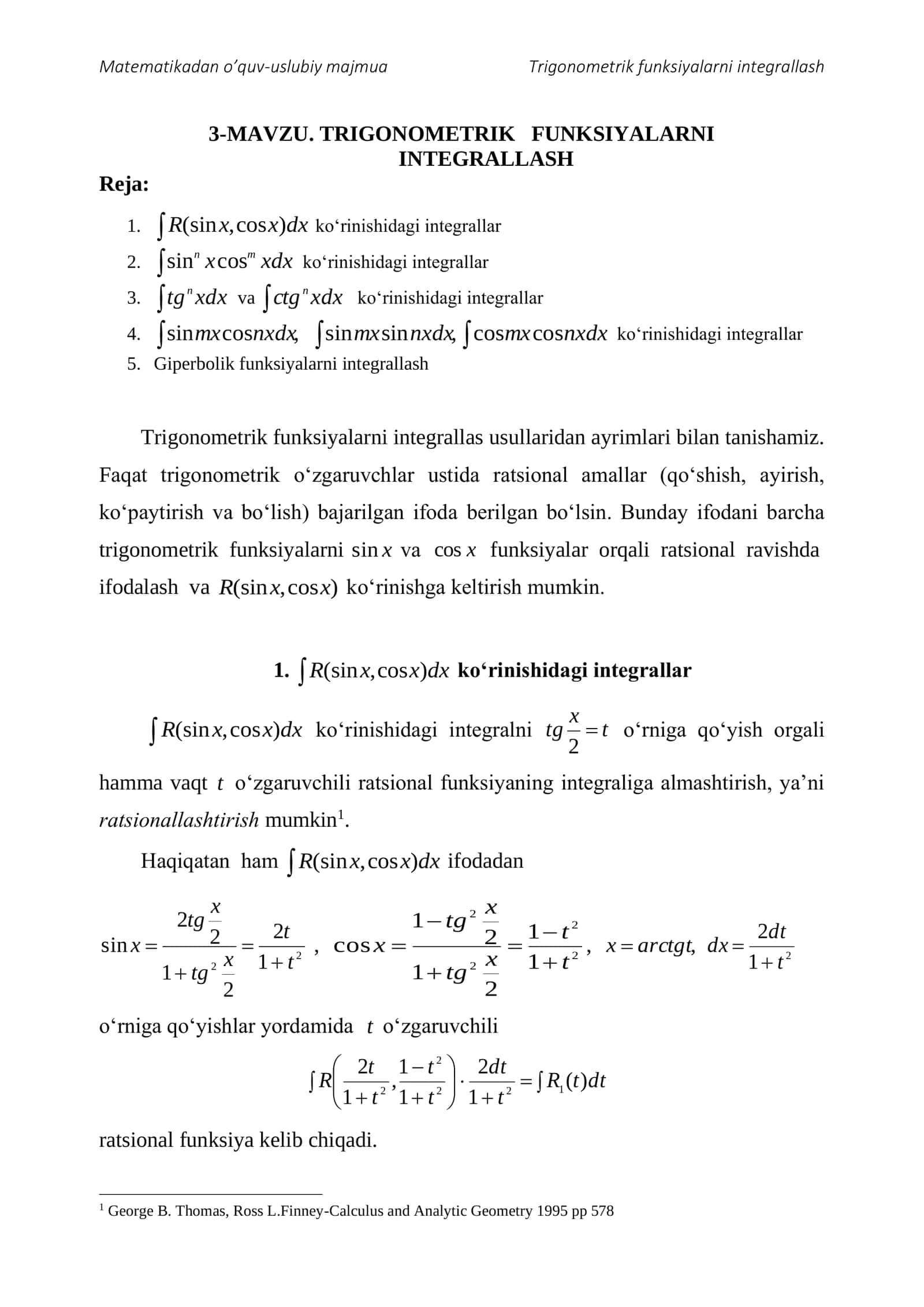 Trigonometrik funksiyalarni integrallash 1
