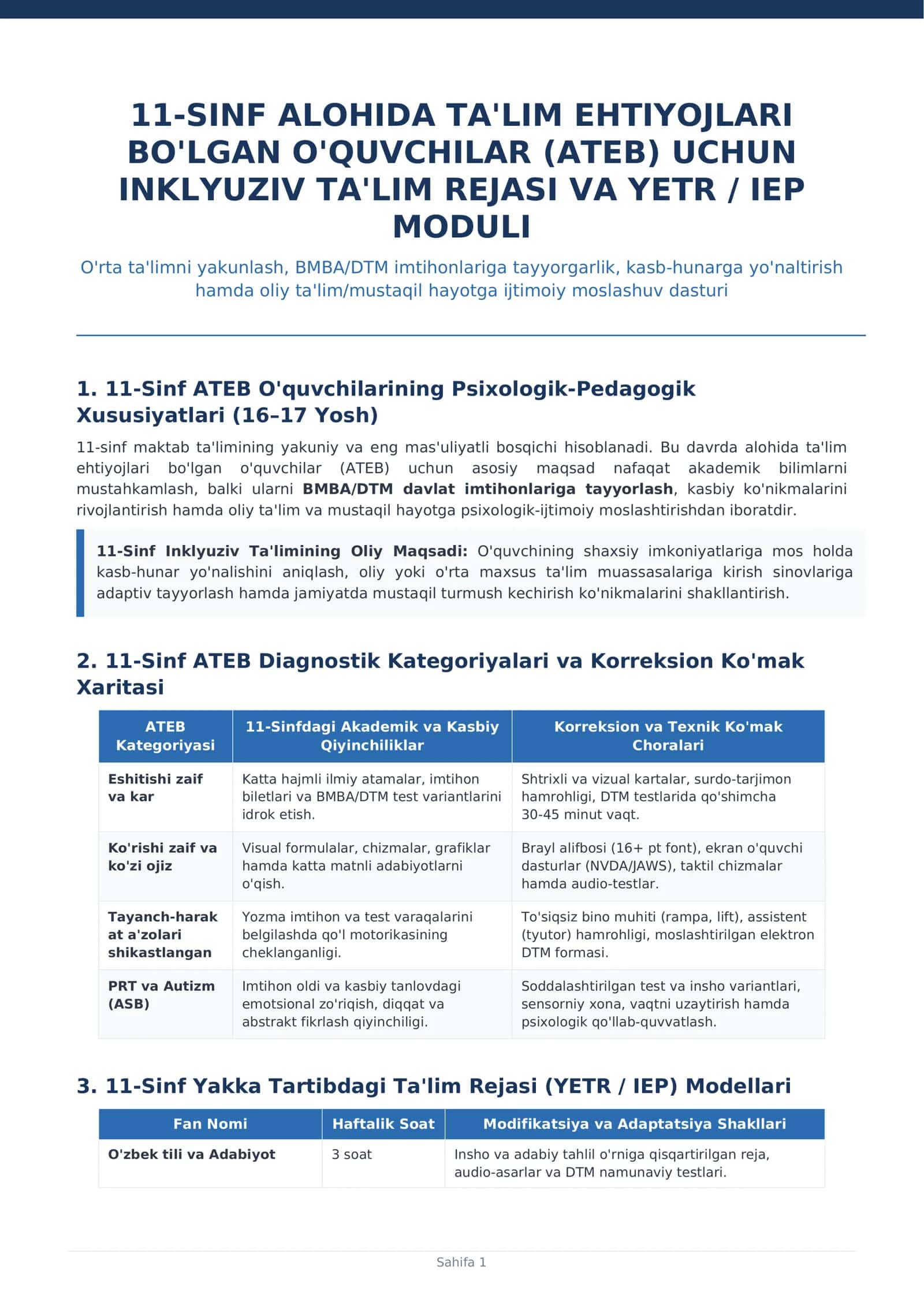 11-SINF ALOHIDA TA'LIM EHTIYOJLARI BO'LGAN O'QUVCHILAR (ATEB) UCHUN INKLYUZIV TA'LIM REJASI VA YETR / IEP MODULI 1