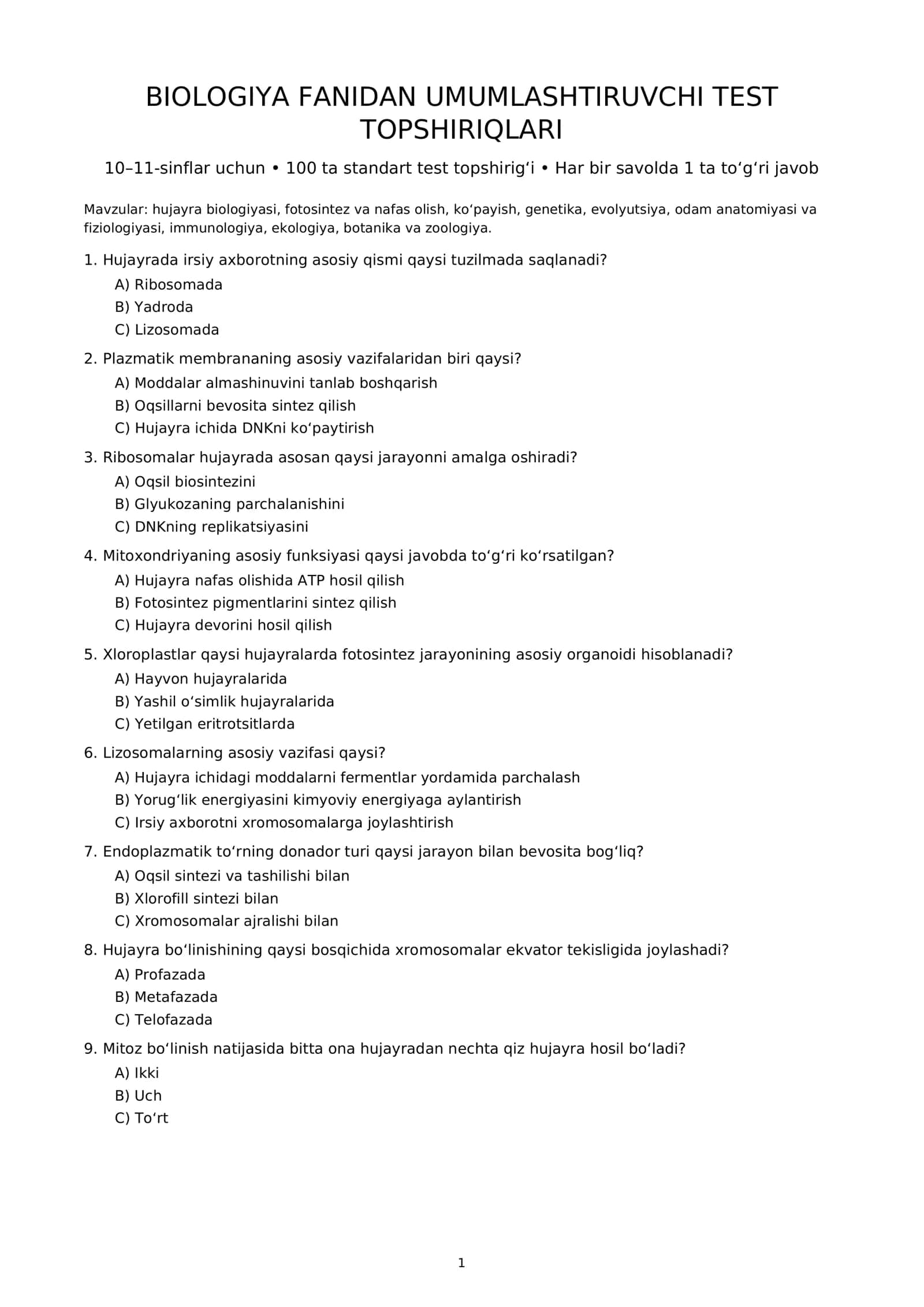 Argos Biologiya 10-11 sinf 100ta test 1