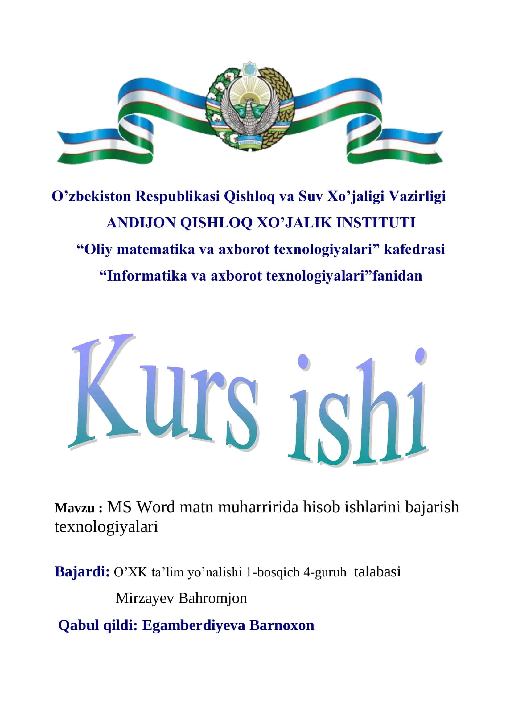MS Word matn muharririda hisob ishlarini bajarish texnologiyalari 1