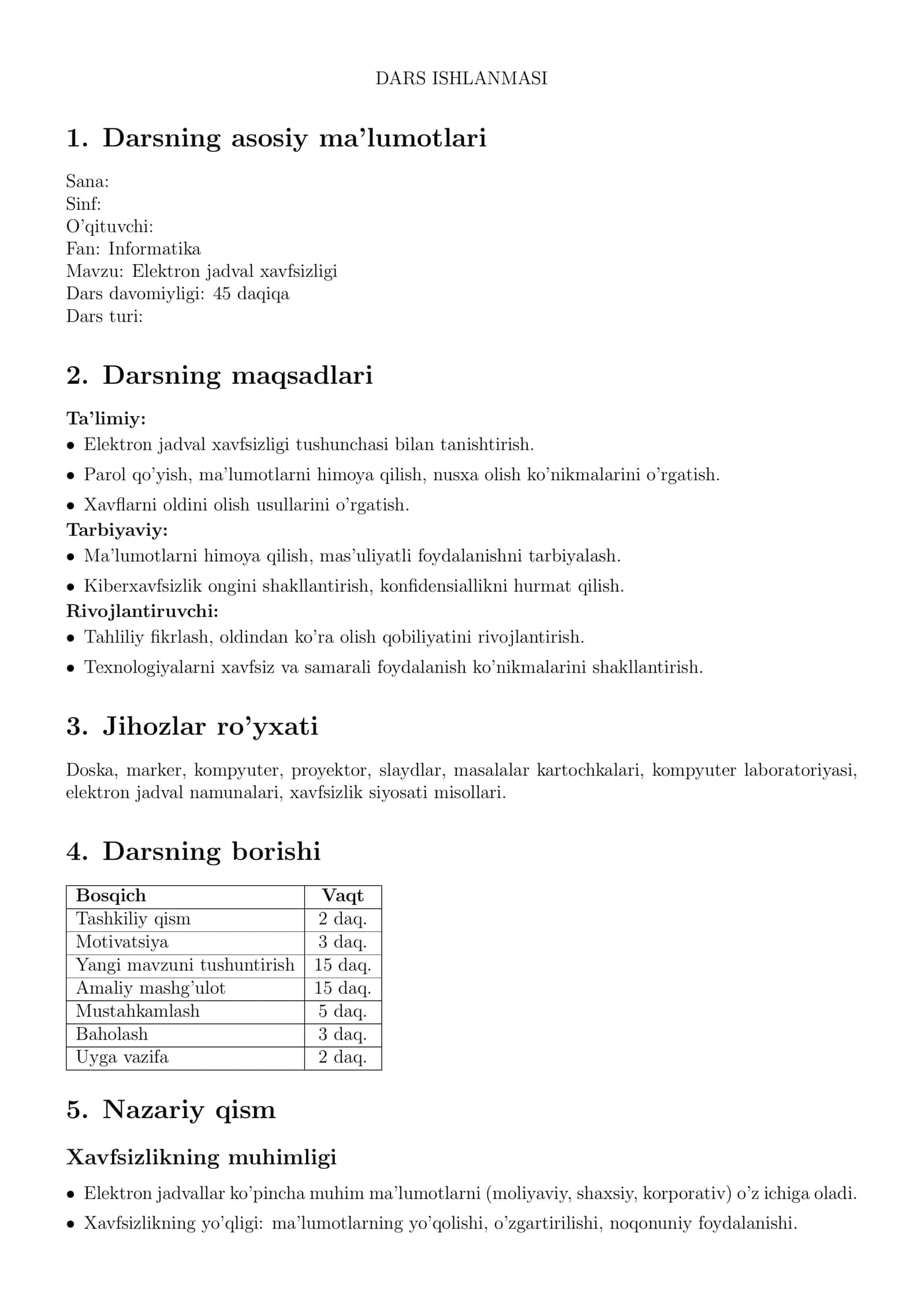 Elektron jadval xavfsizligi 1