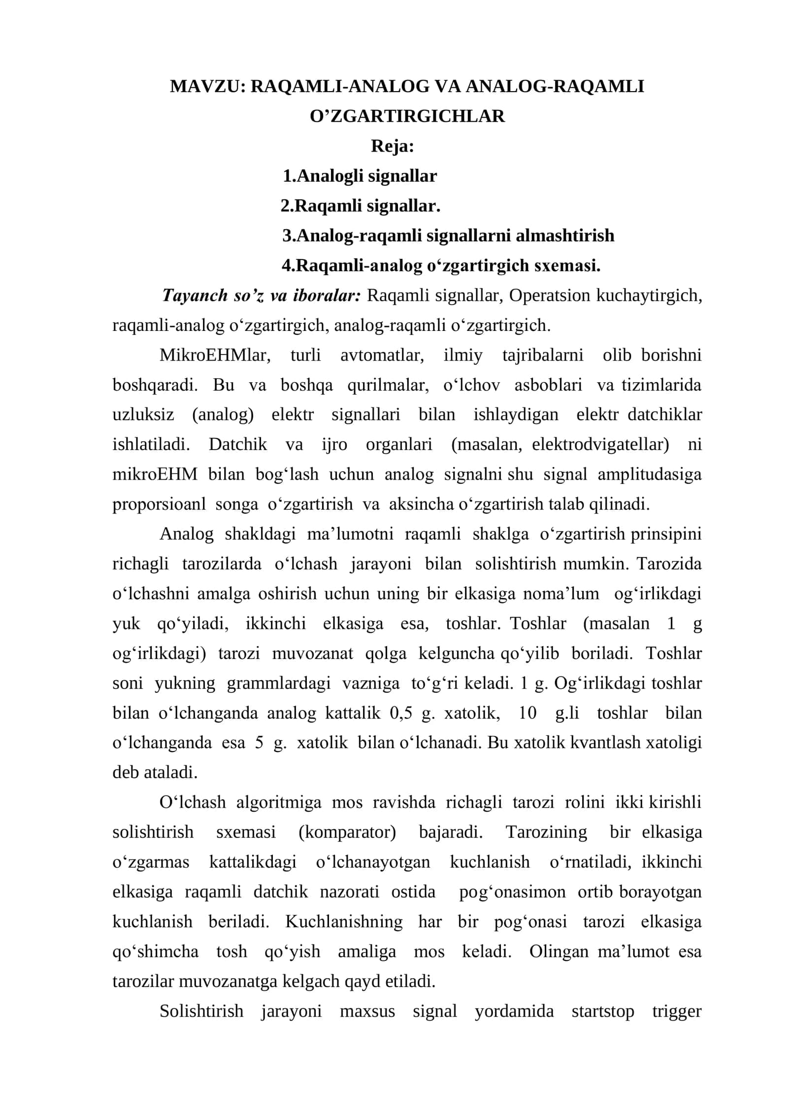 RAQAMLI-ANALOG VA ANALOG-RAQAMLI  O’ZGARTIRGICHLAR 1