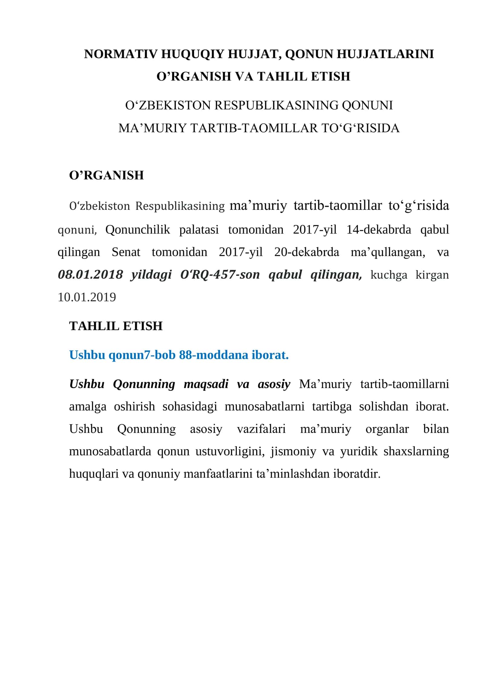 OʻZBEKISTON RESPUBLIKASINING QONUNI MAʼMURIY TARTIB-TAOMILLAR TOʻGʻRISIDA 1