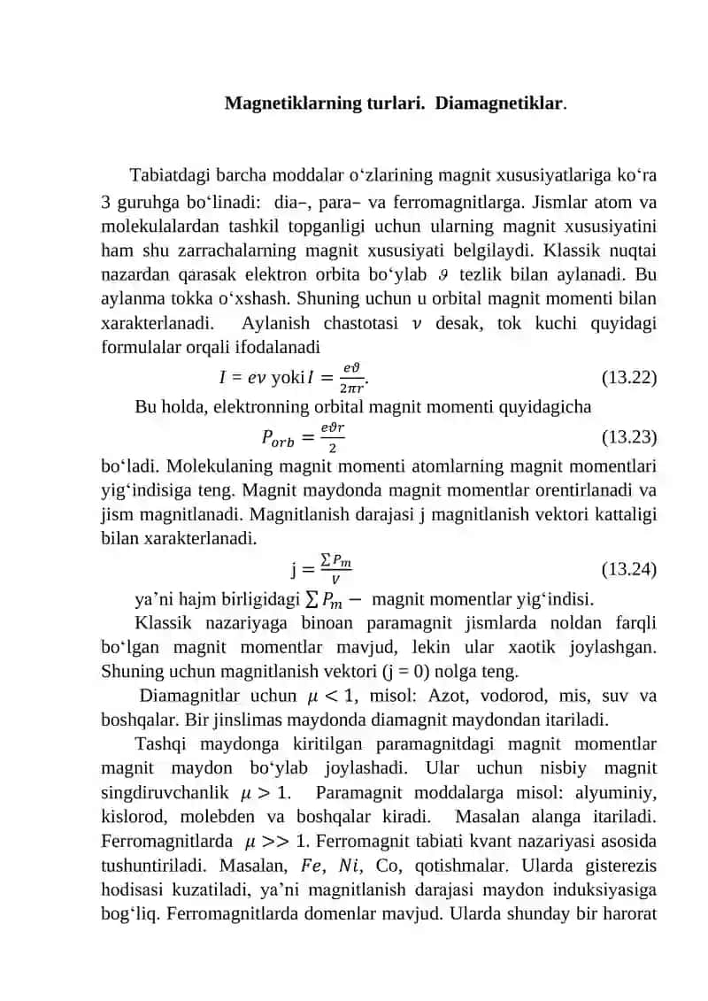 Magnetiklarning turlari.  Diamagnetiklar. Paramagnetiklar. Ferromagnetiklar.