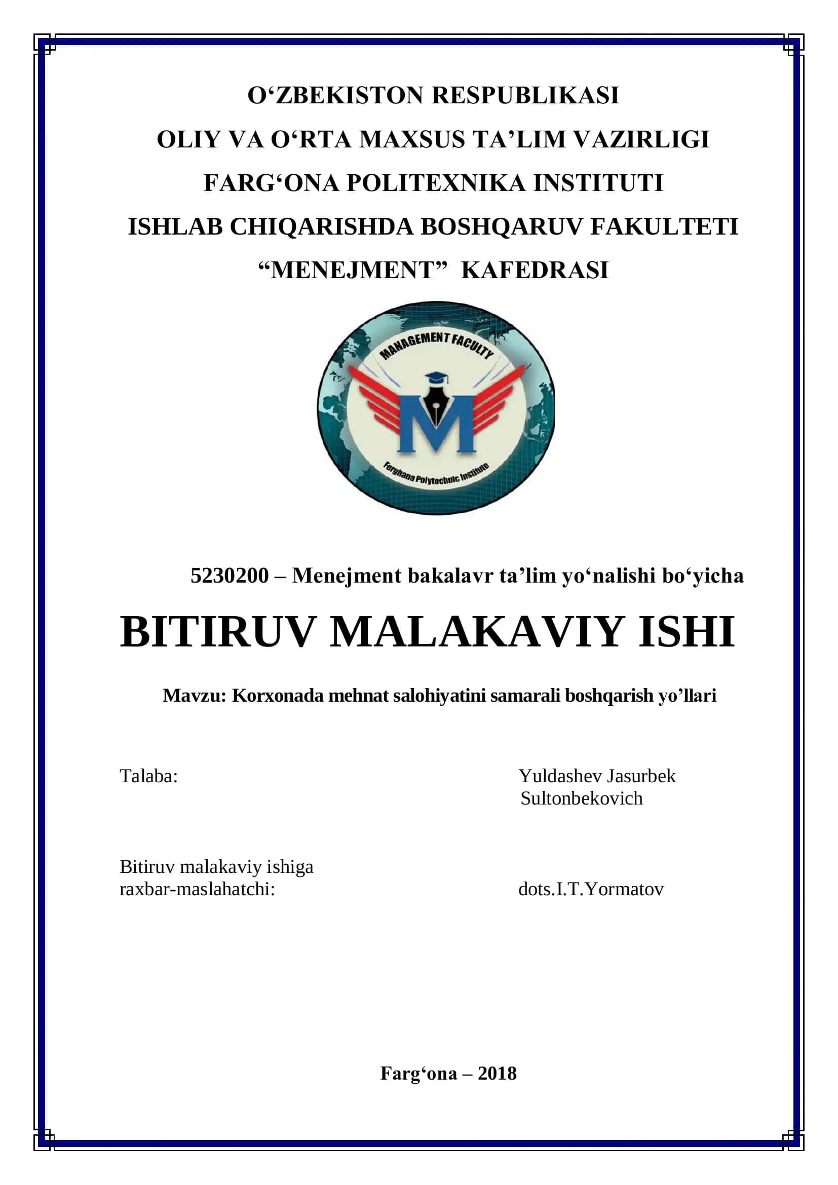 Menejment bakalavr ta’lim yo‘nalishi bo‘yicha BITIRUV MALAKAVIY ISHI 1