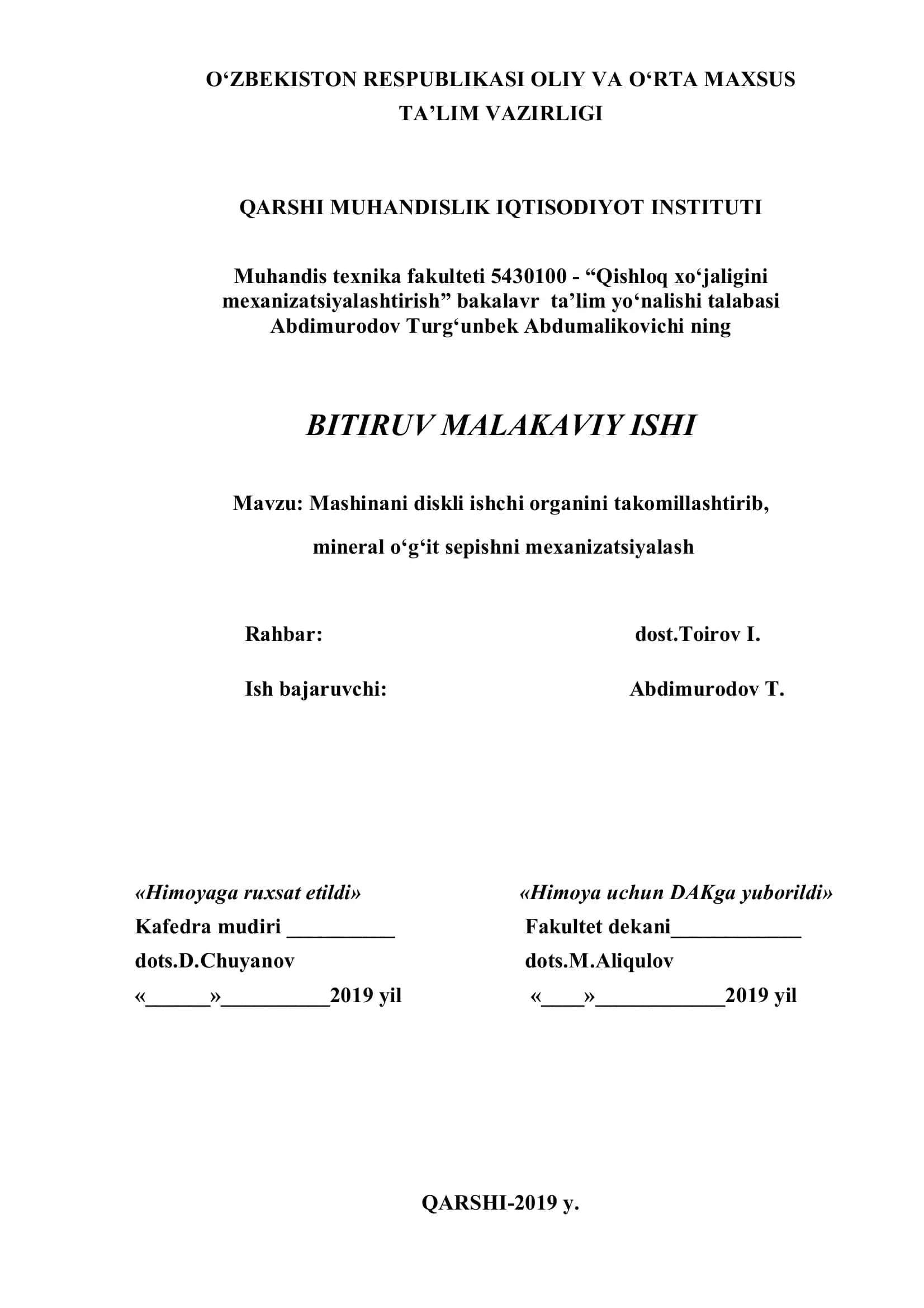 Mashinani diskli ishchi organini takomillashtirib, mineral o‘g‘it sepishni mexanizatsiyalash 1