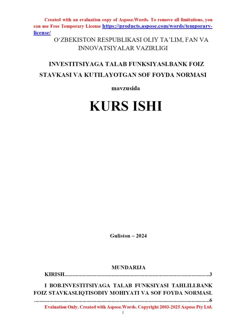 Investitsiyaga talab funktsiyasi. Bank foiz stavkasi va kutilayotgan sof foyda normasi 1