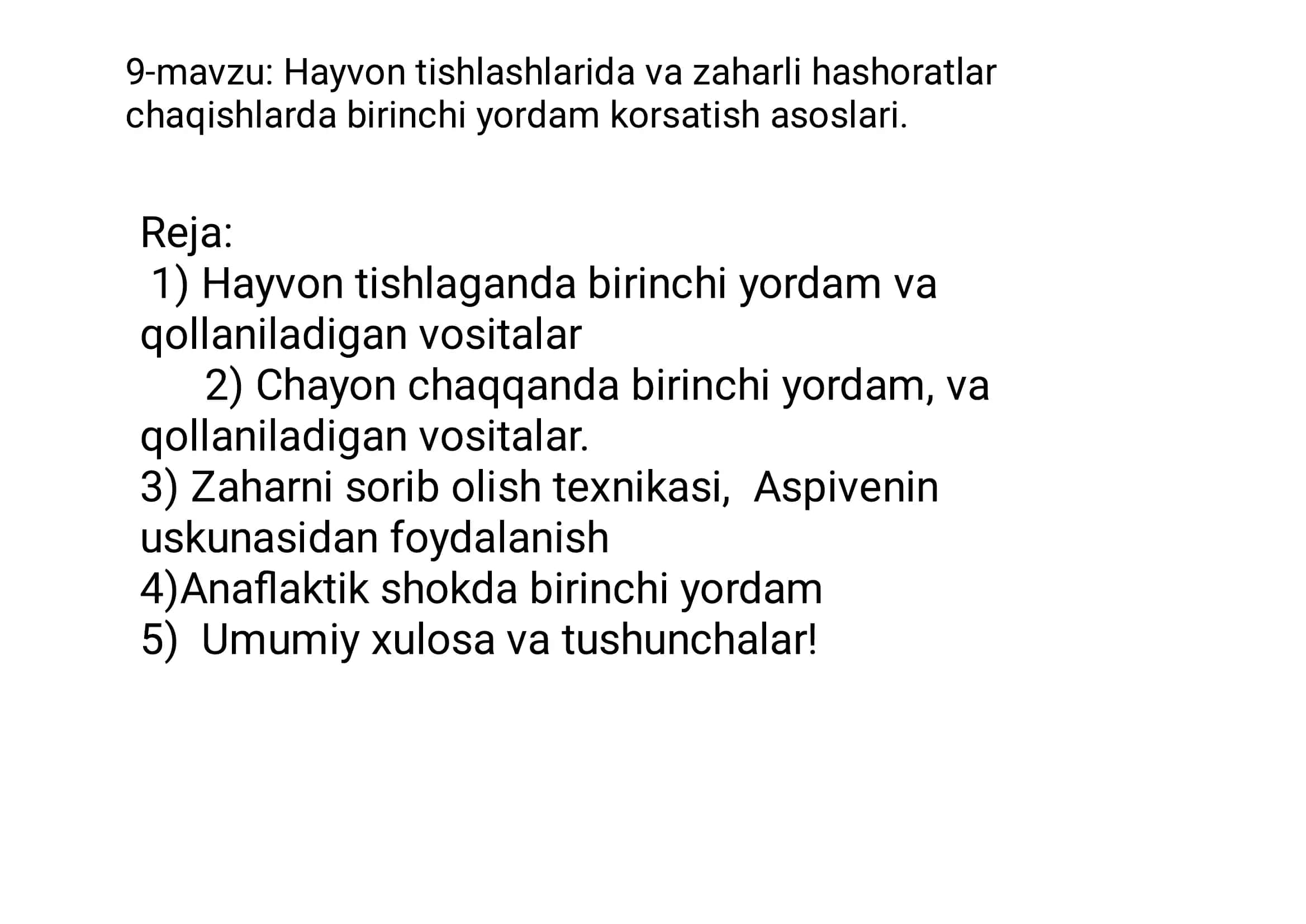 Hayvon tishlashlarida va zaharli hashoratlar chaqishlarda birinchi yordam korsatish asoslari. 1