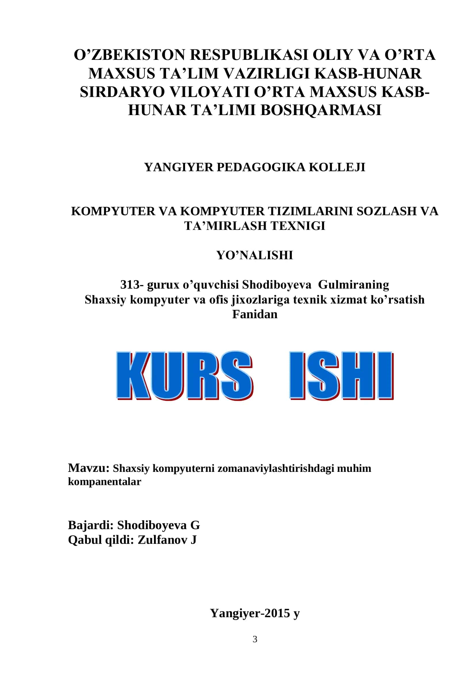 Kompyuter va kompyuter tizimlarini sozlash va ta’mirlash texnigi 1