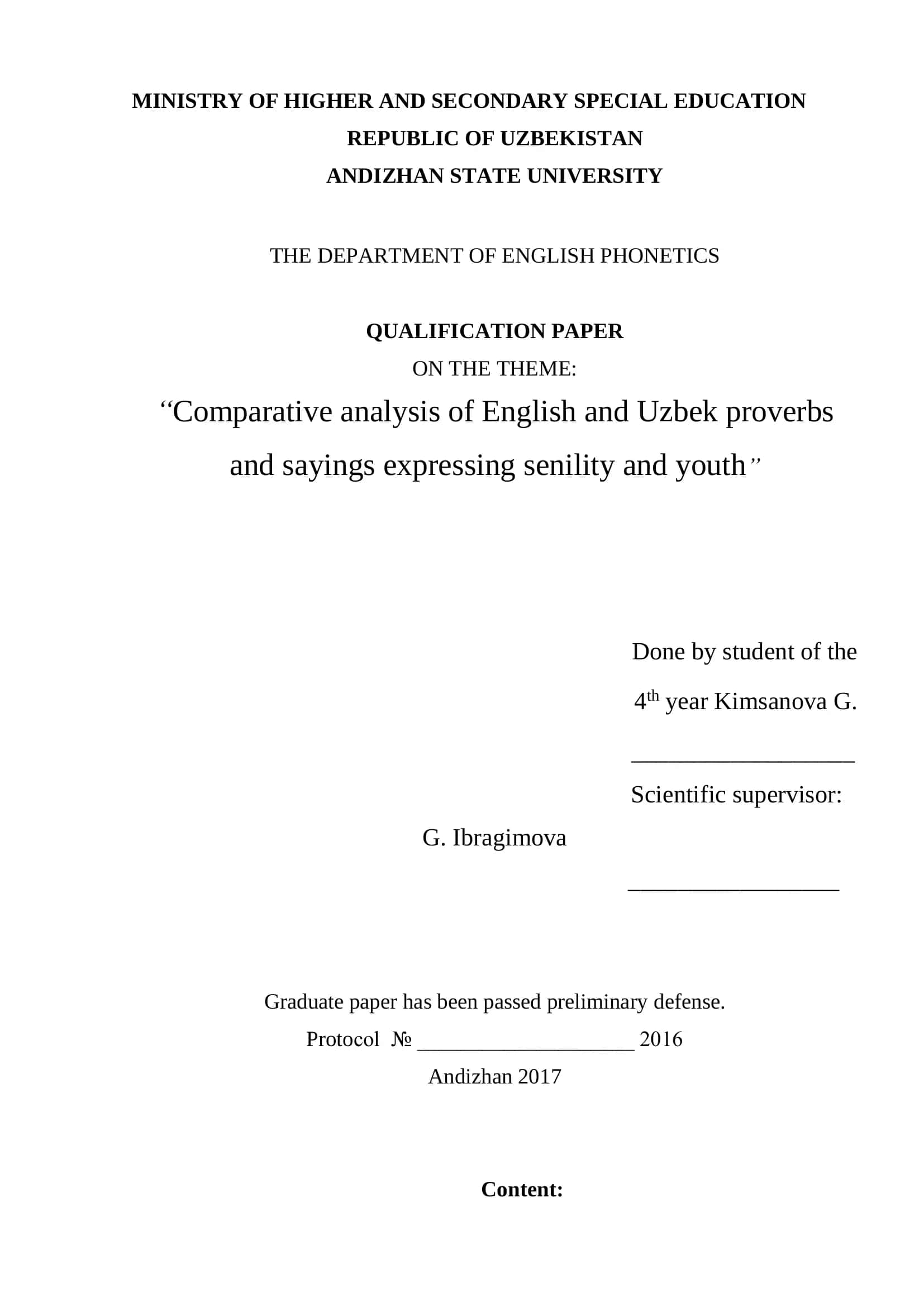 Qualification Paper on "Comparative analysis of English and Uzbek proverbs and sayings expressing senility and youth" 1