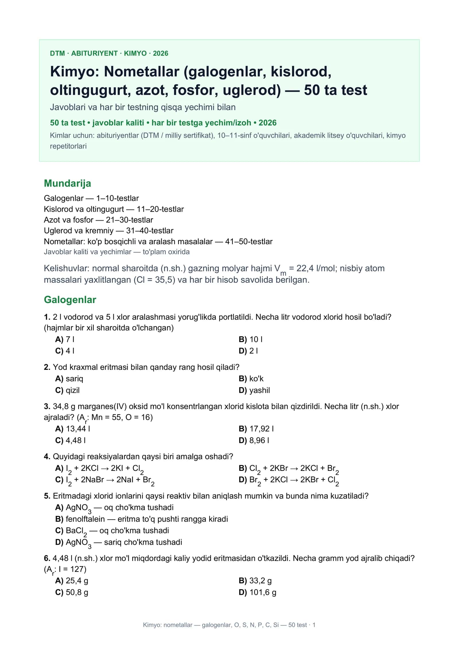 Kimyo: nometallar — galogenlar, O, S, N, P, C, Si — 50 test 1