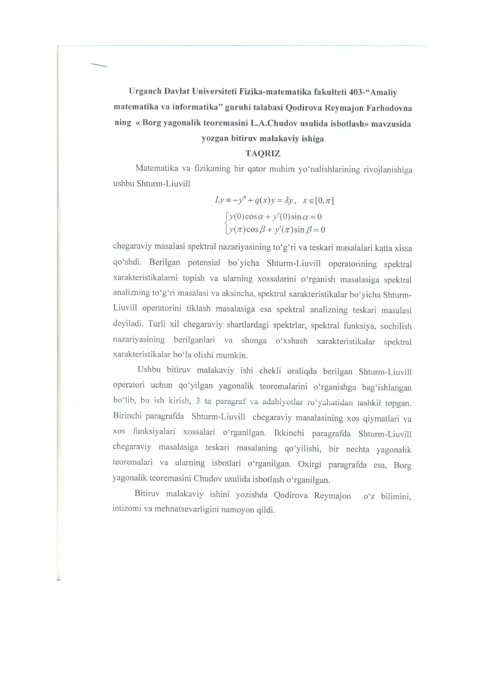 Borg yagonalik teoremasini L.A.Chudov usulida isbotlash 1