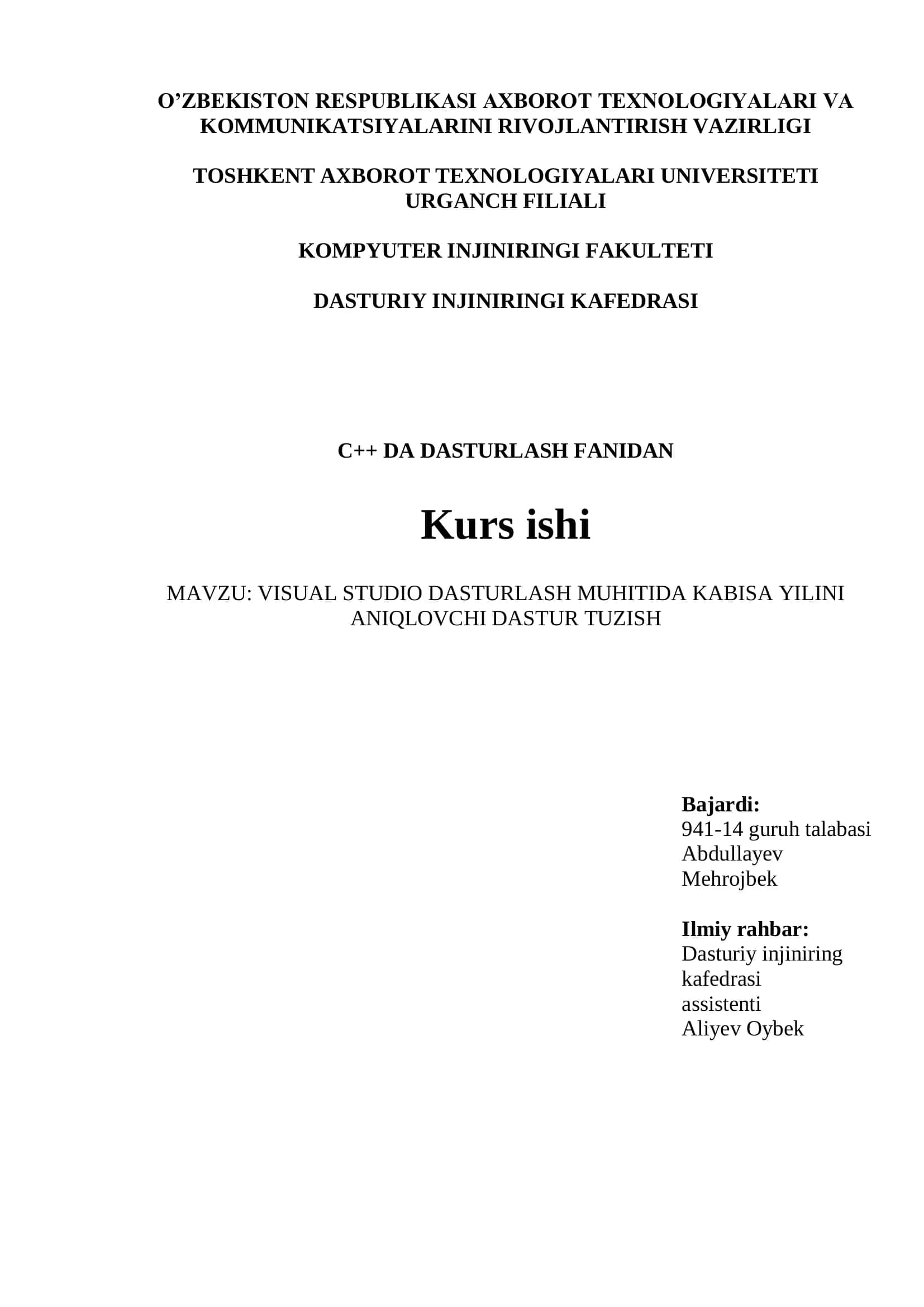 VISUAL STUDIO DASTURLASH MUHITIDA KABISA YILINI ANIQLOVCHI DASTUR TUZISH 1