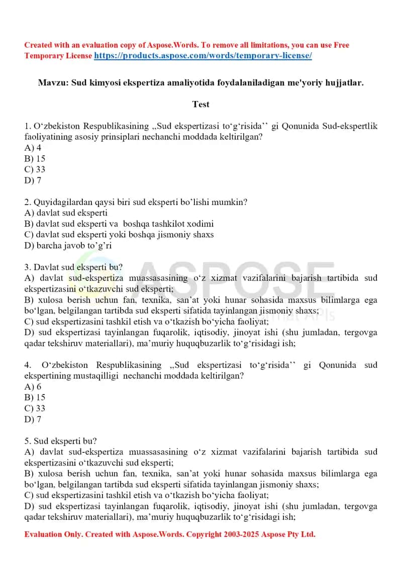 1. Sud kimyosi ekspertiza amaliyotida foydalaniladigan me'yoriy hujjatlar.Test 10 ta. 1