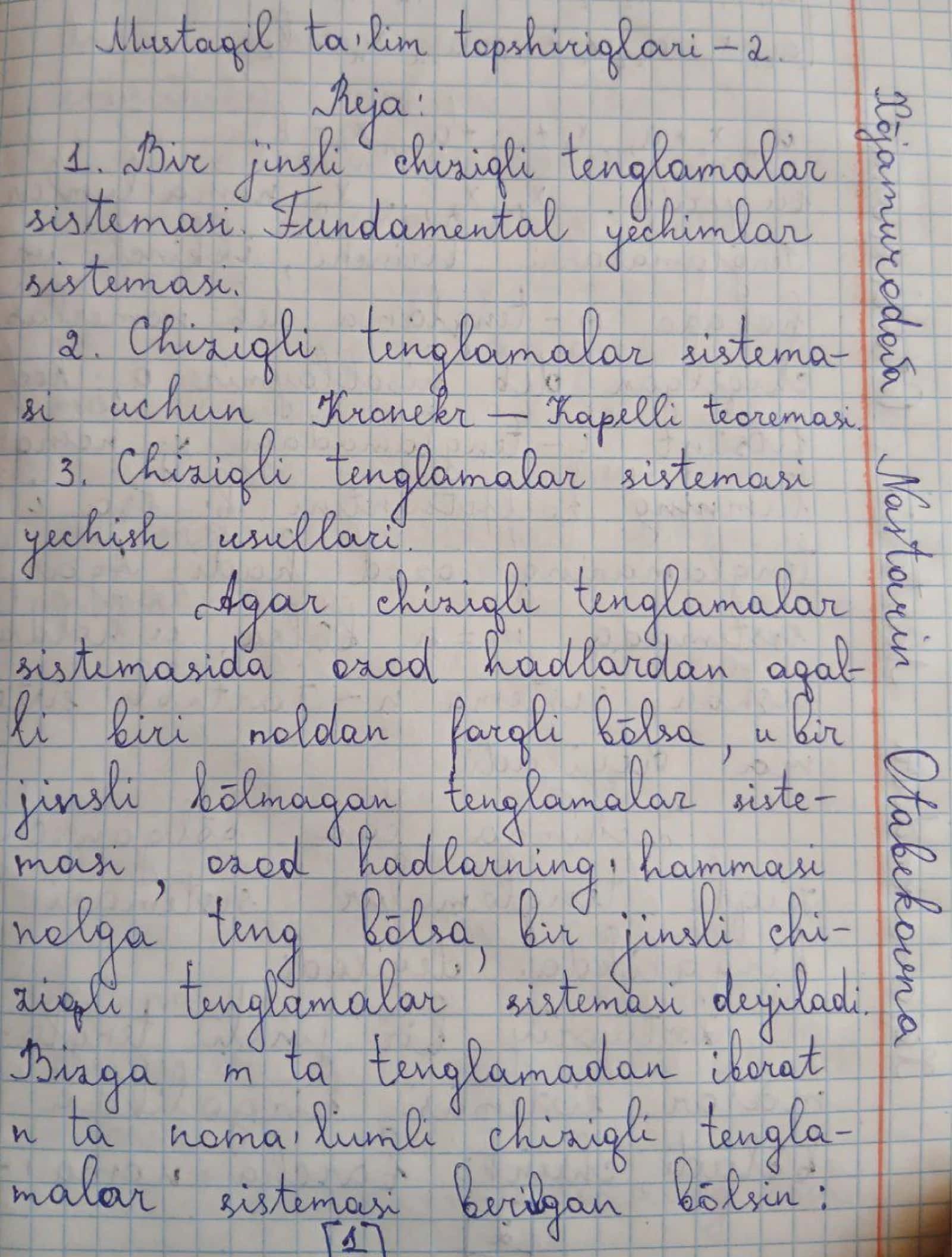 ​Chiziqli algebra va analitik geometriya: Mustaqil ish namunasi 1