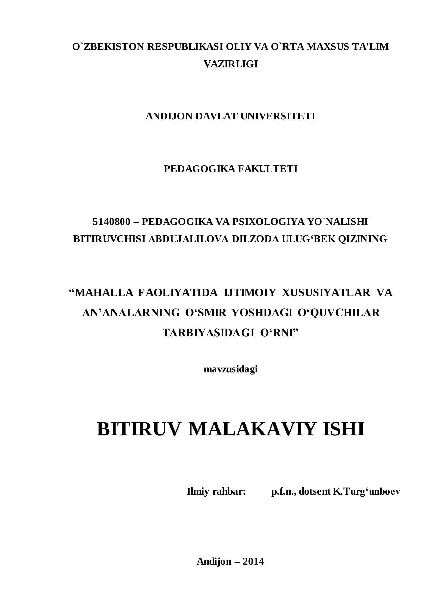 MAHALLA FAOLIYATIDA IJTIMOIY XUSUSIYATLAR VA AN‟ANALARNING O„SMIR YOSHDAGI O„QUVCHILAR TARBIYASIDAGI O„RNI 1