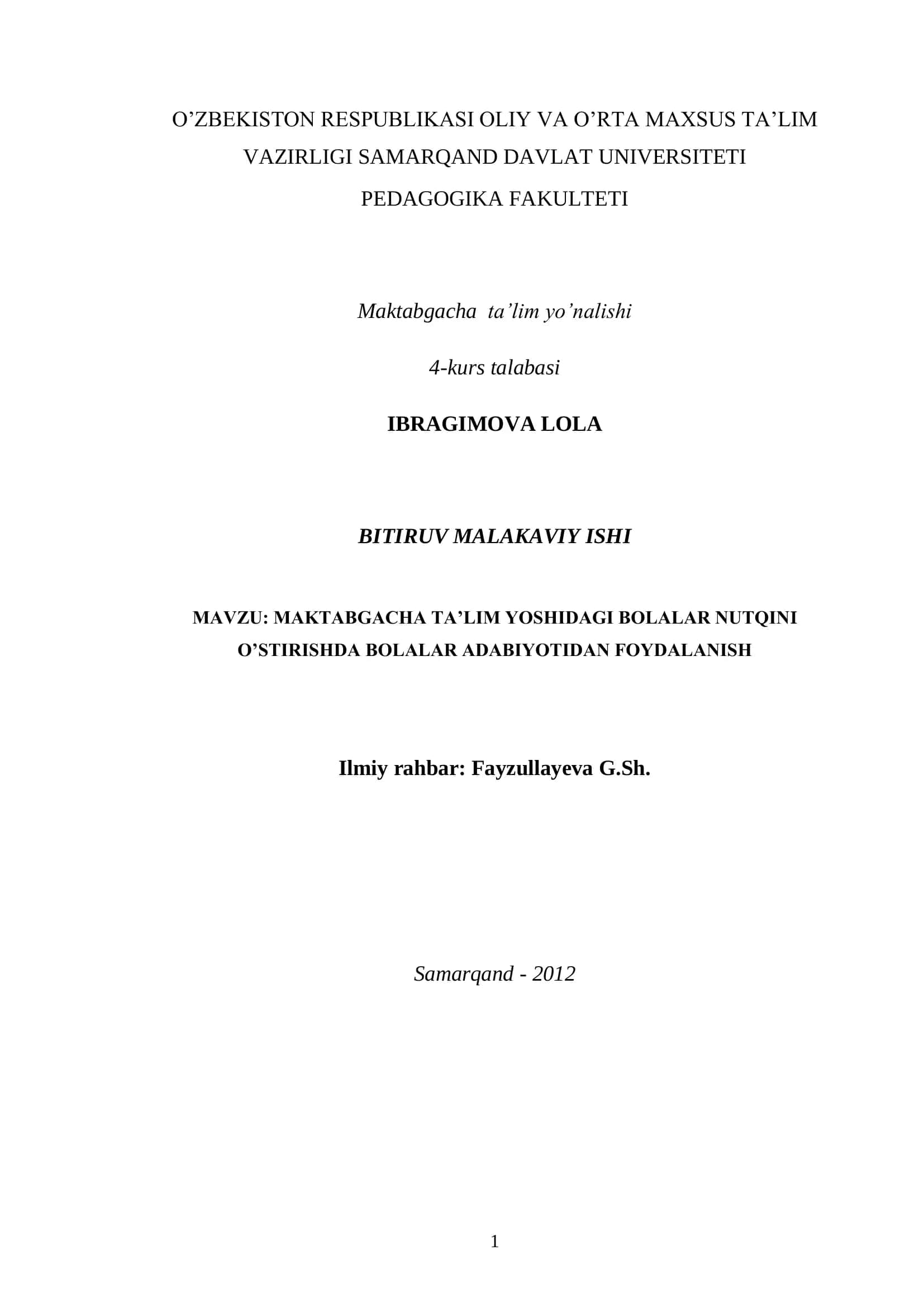MAKTABGACHA TA’LIM YOSHIDAGI BOLALAR NUTQINI O’STIRISHDA BOLALAR ADABIYOTIDAN FOYDALANISH 1