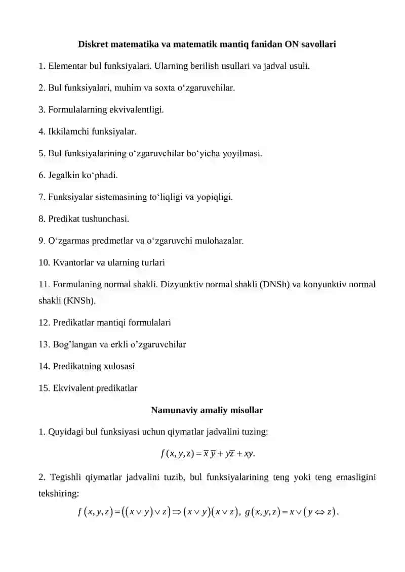 Diskret matematika va matematik mantiq fanidan Oraliq Nazorat savollari