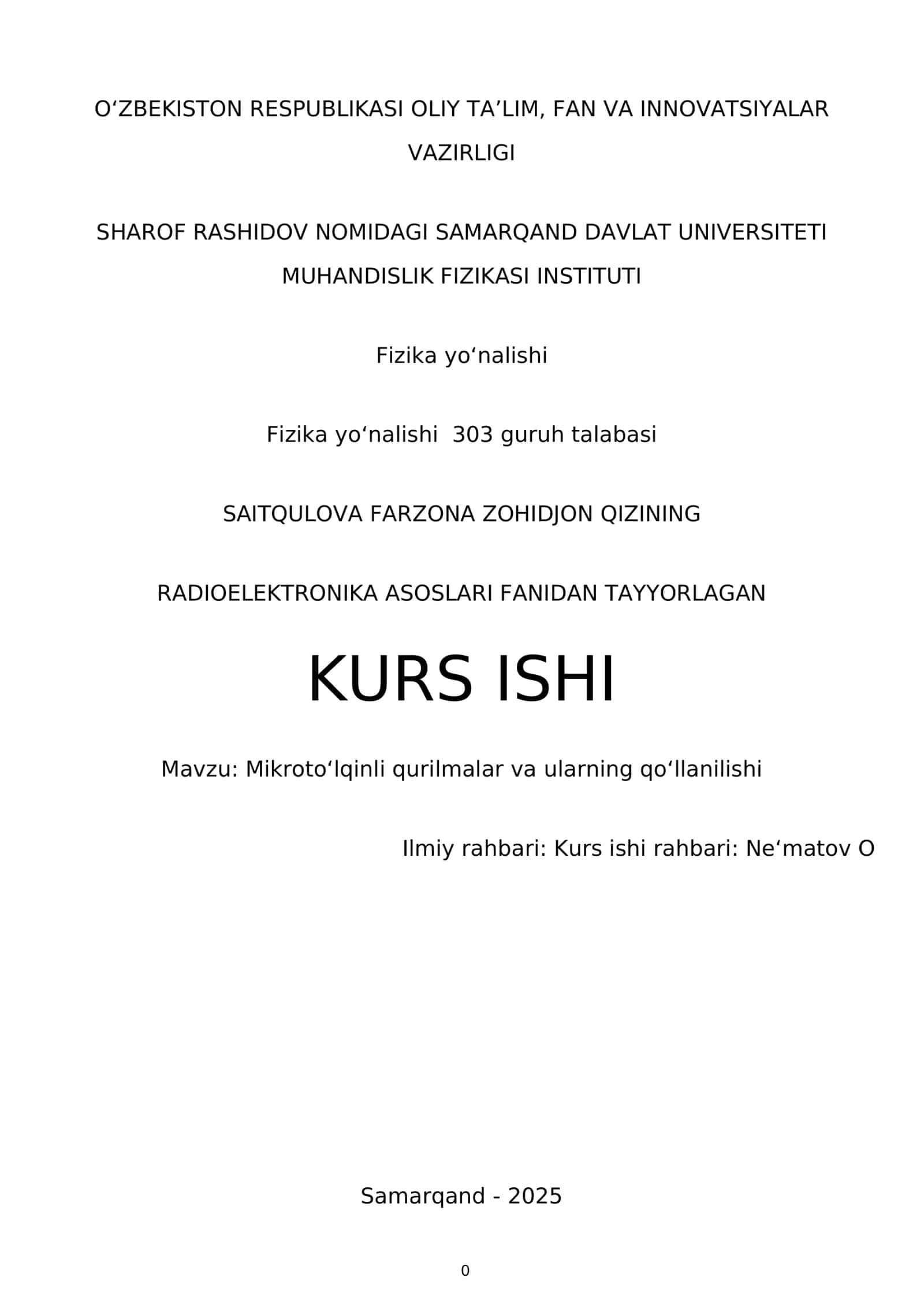 Radioelektronika asoslari fanidan tayyorlagan kurs ishi 1