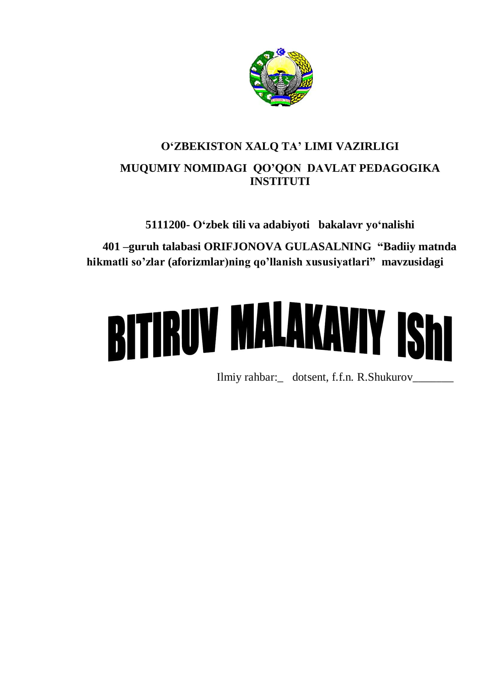 Badiiy matnda hikmatli so’zlar (aforizmlar)ning qo’llanish xususiyatlari 1
