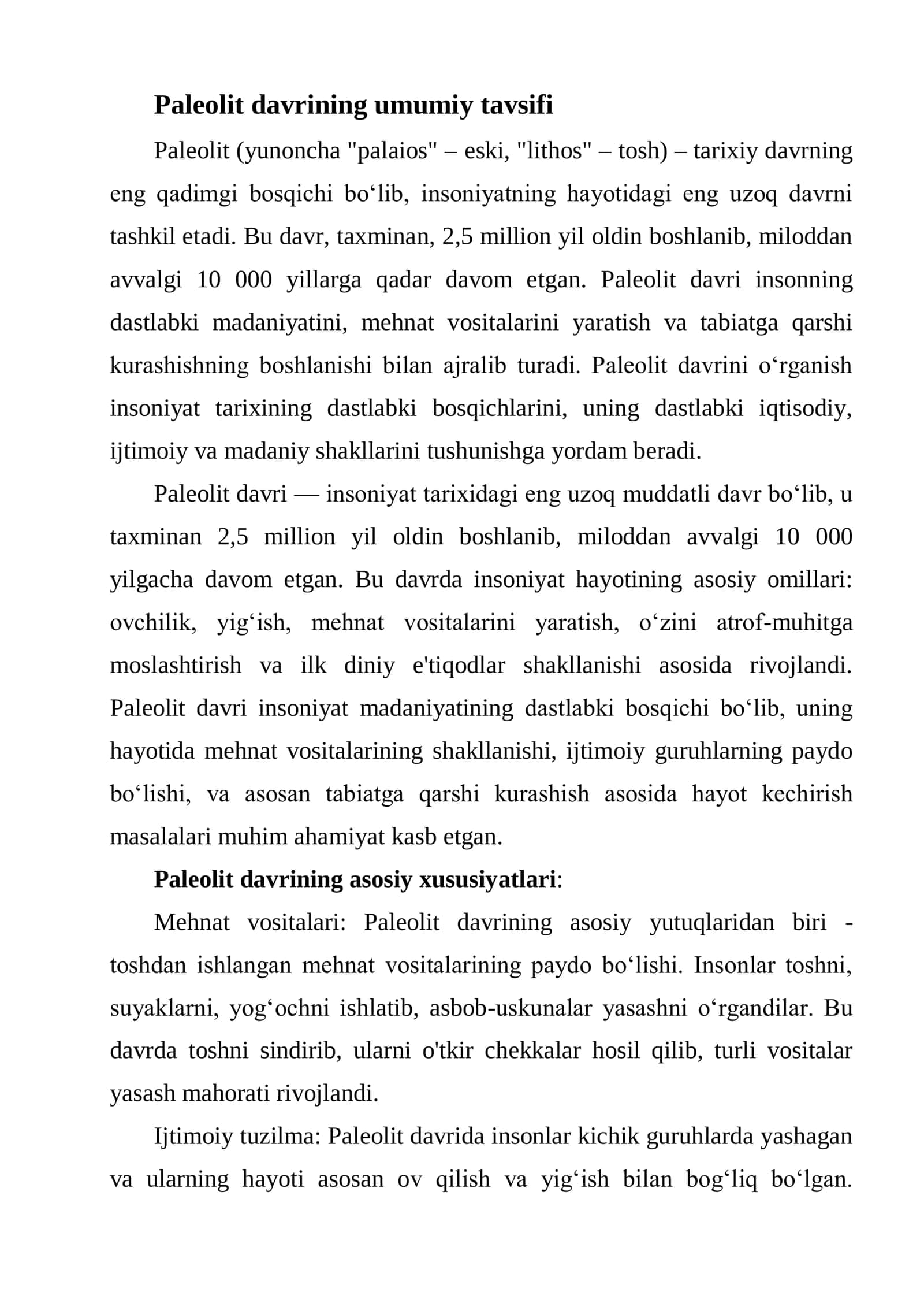 Paleolit davrining umumiy tavsifi 1
