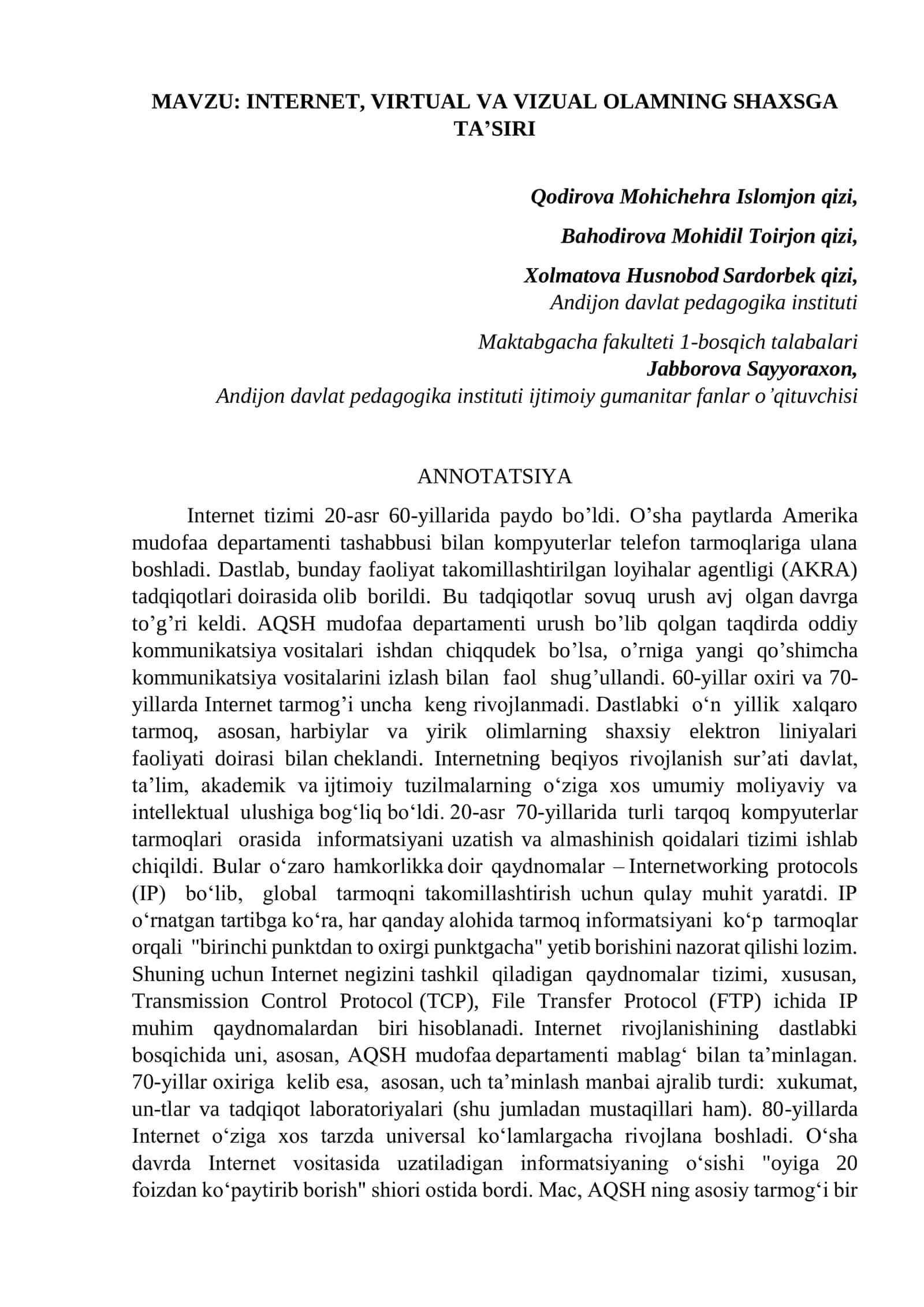 INTERNET, VIRTUAL VA VIZUAL OLAMNING SHAXSGA TA’SIRI 1