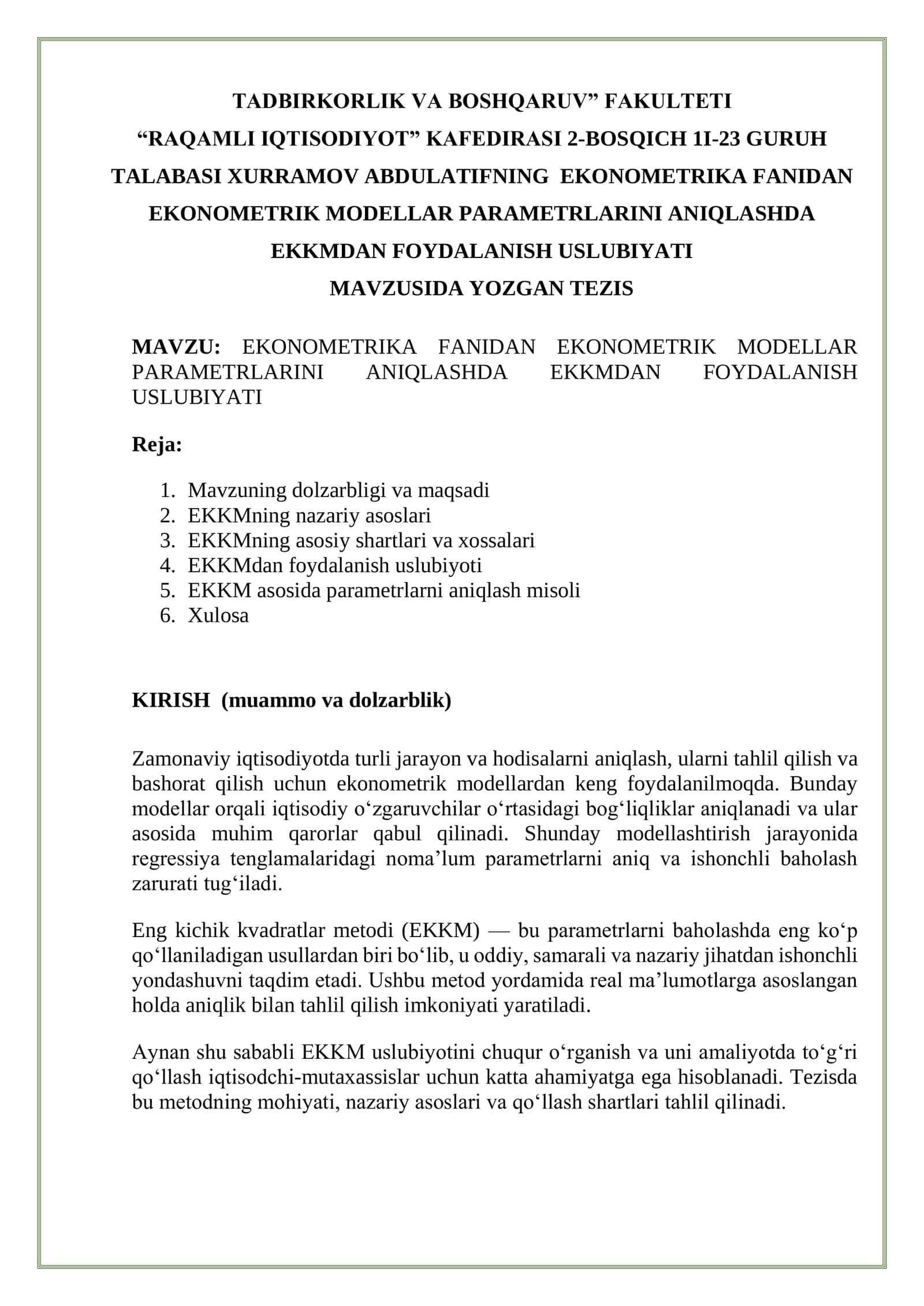 EKONOMETRIKA FANIDAN EKONOMETRIK MODELLAR PARAMETRLARINI ANIQLASHDA EKKMDAN FOYDALANISH USLUBIYATI 1