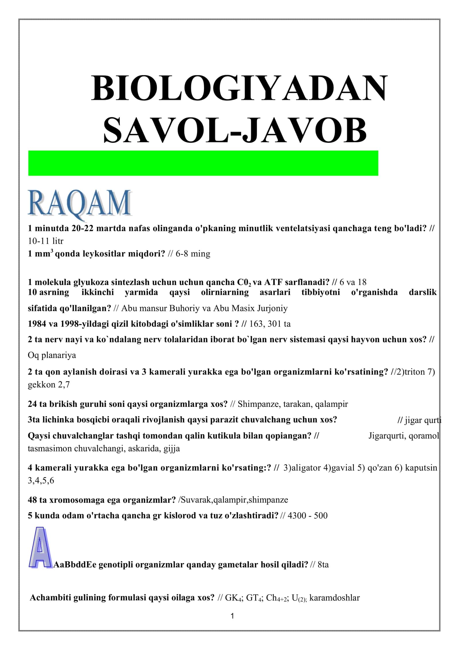 Biologiya fanidan savollar va javoblar 1