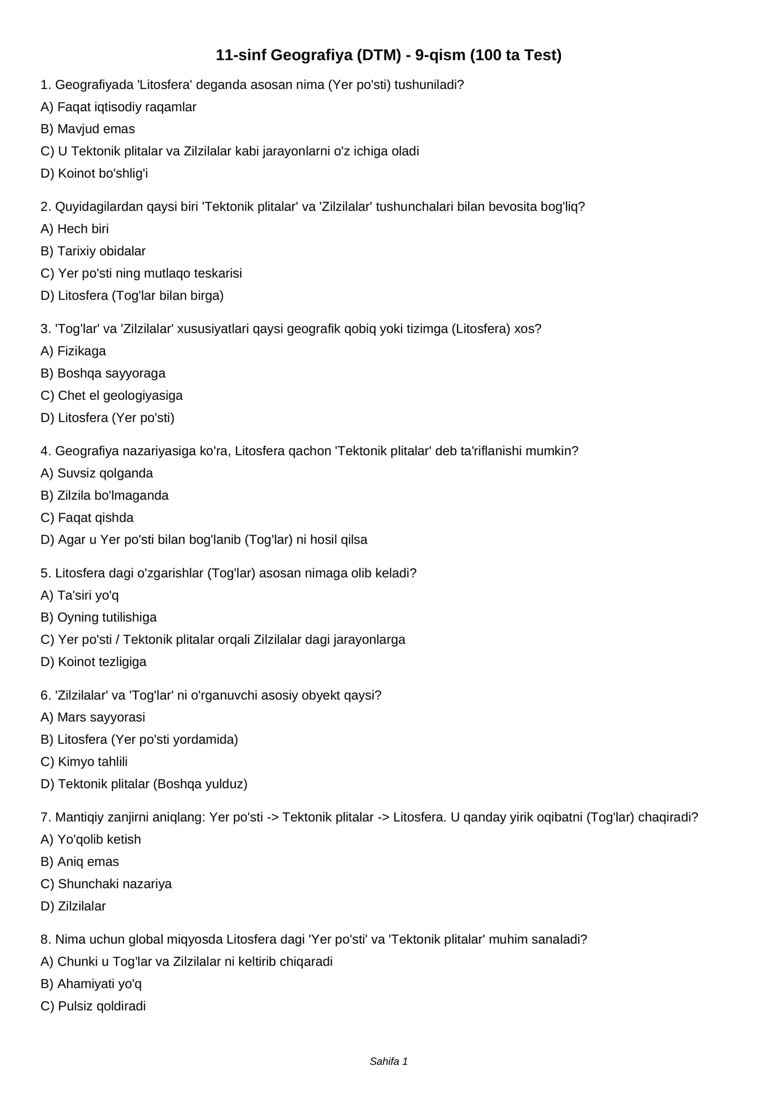 11-sinf Geografiya (DTM) - 9-qism (100 ta Test) 1