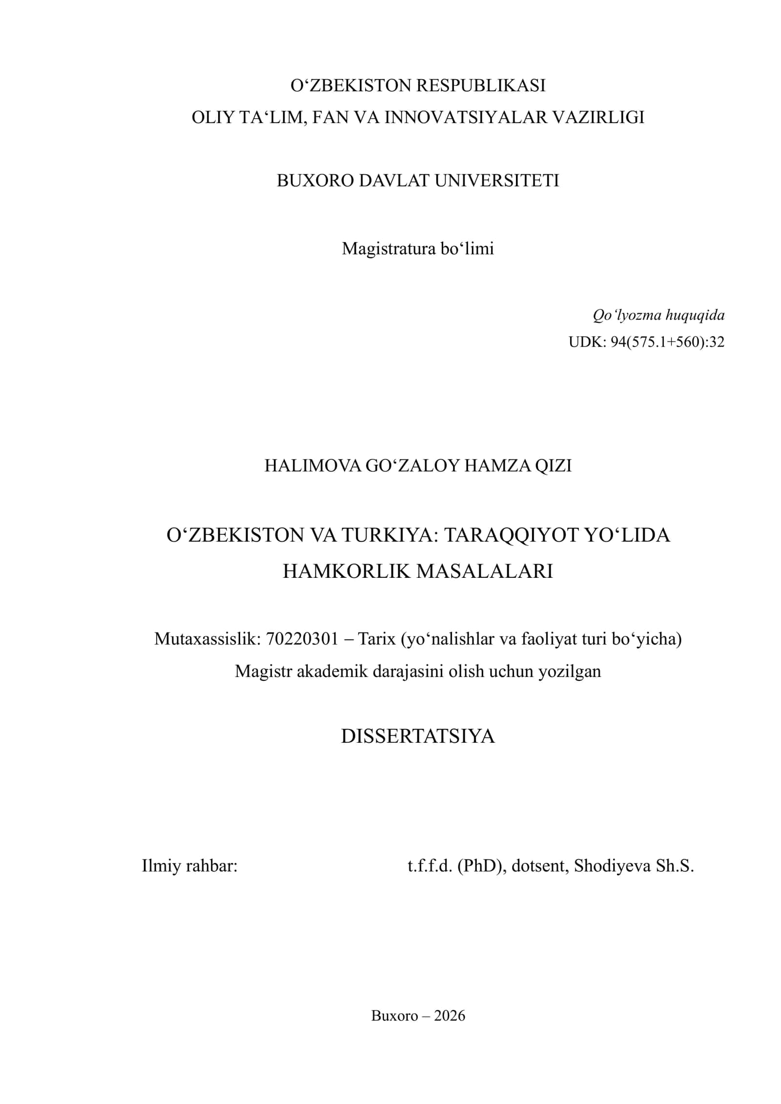 O‘ZBEKISTON VA TURKIYA: TARAQQIYOT YO‘LIDA HAMKORLIK MASALALARI 1