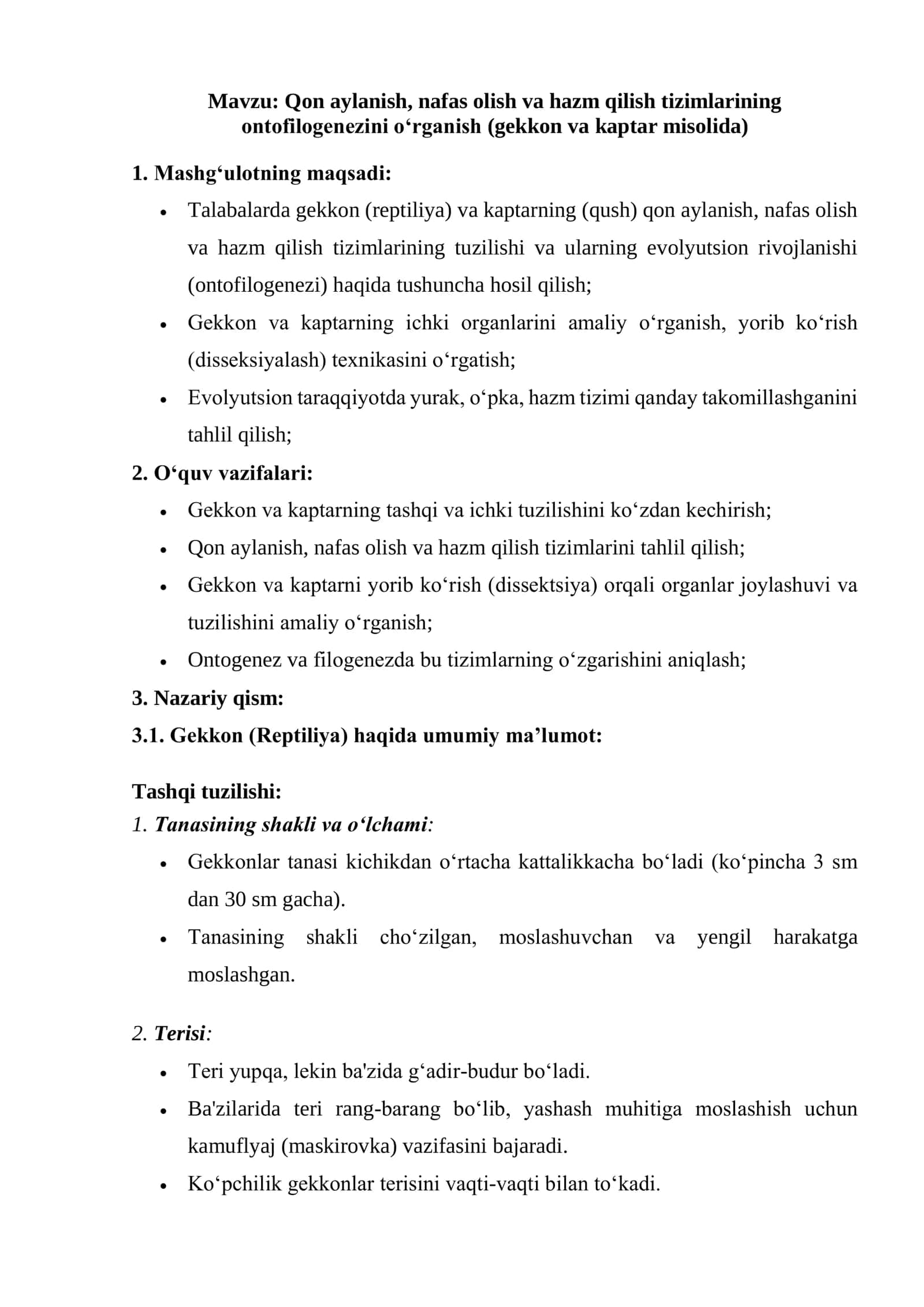 Qon aylanish, nafas olish va hazm qilish tizimlarining ontofilogenezini o‘rganish (gekkon va kaptar misolida) 1