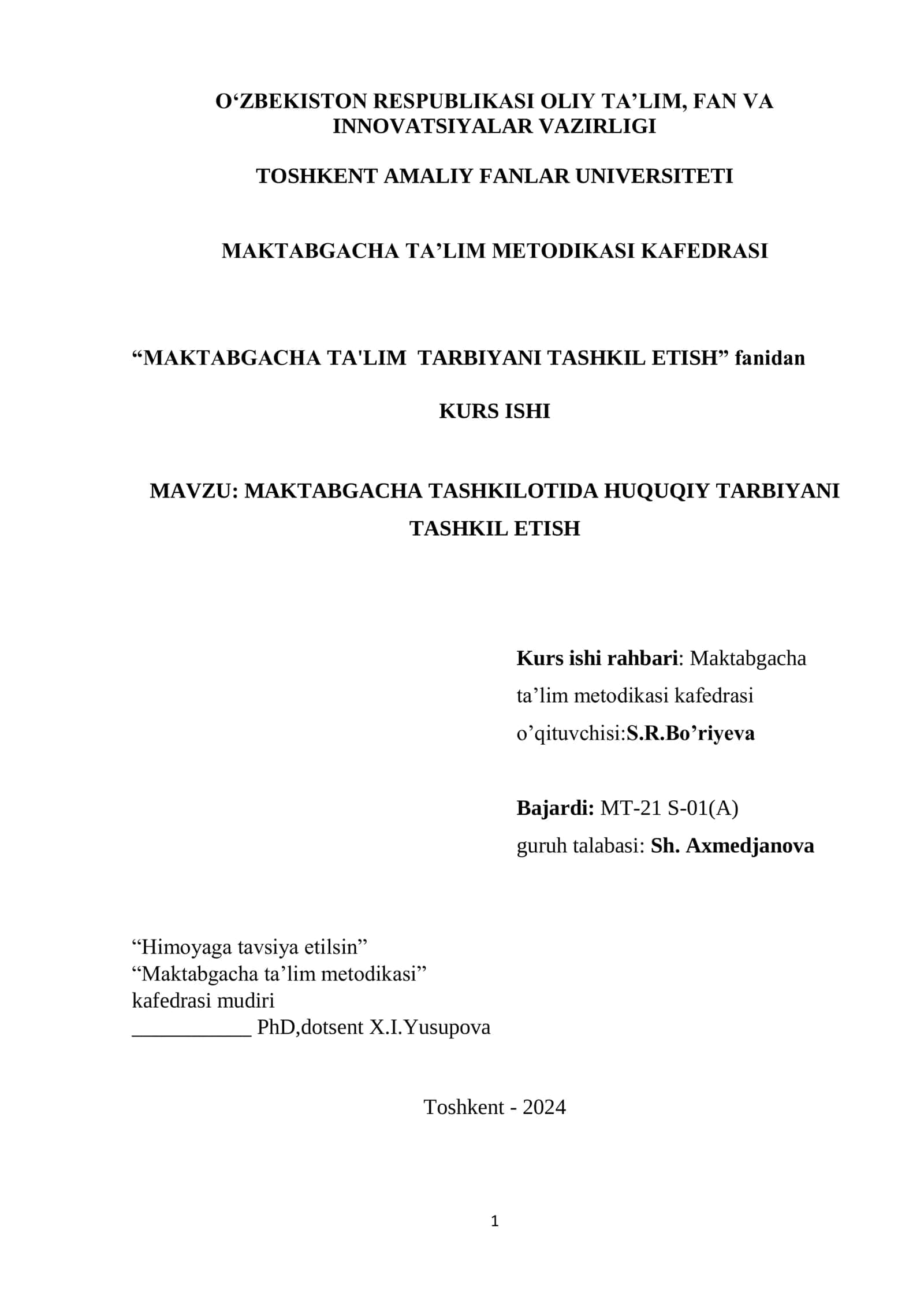 MAKTABGACHA TASHKILOTIDA HUQUQIY TARBIYANI TASHKIL ETISH 1