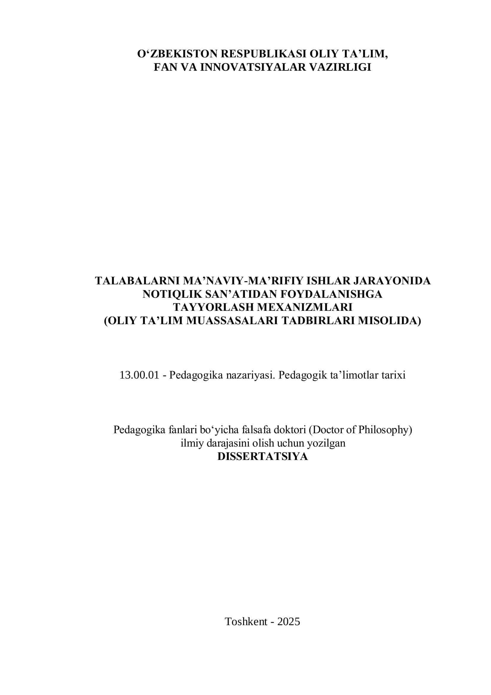 TАLАBАLАRNI MА’NАVIY-MА’RIFIY ISHLАR JАRАYONIDА NОTIQLIK SАN’АTIDАN FОYDАLАNISHGА   TAYYORLАSH MEXАNIZMLАRI    (OLIY TА’LIM MUАSSАSАLАRI TАDBIRLАRI MISOLIDА) 1