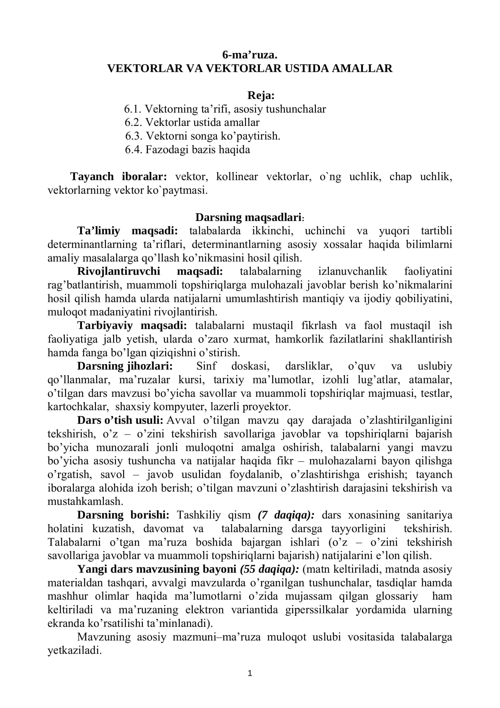 Vektorlar va vektorlar ustida amallar (PDF ma’ruza) 1