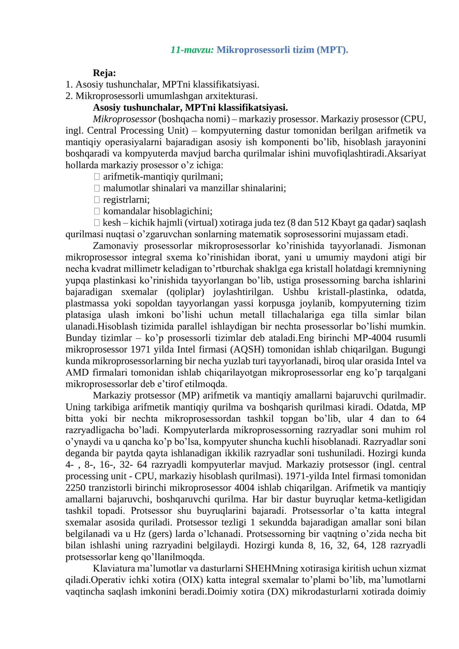 Mikroprosessorli tizim (MPT) 1