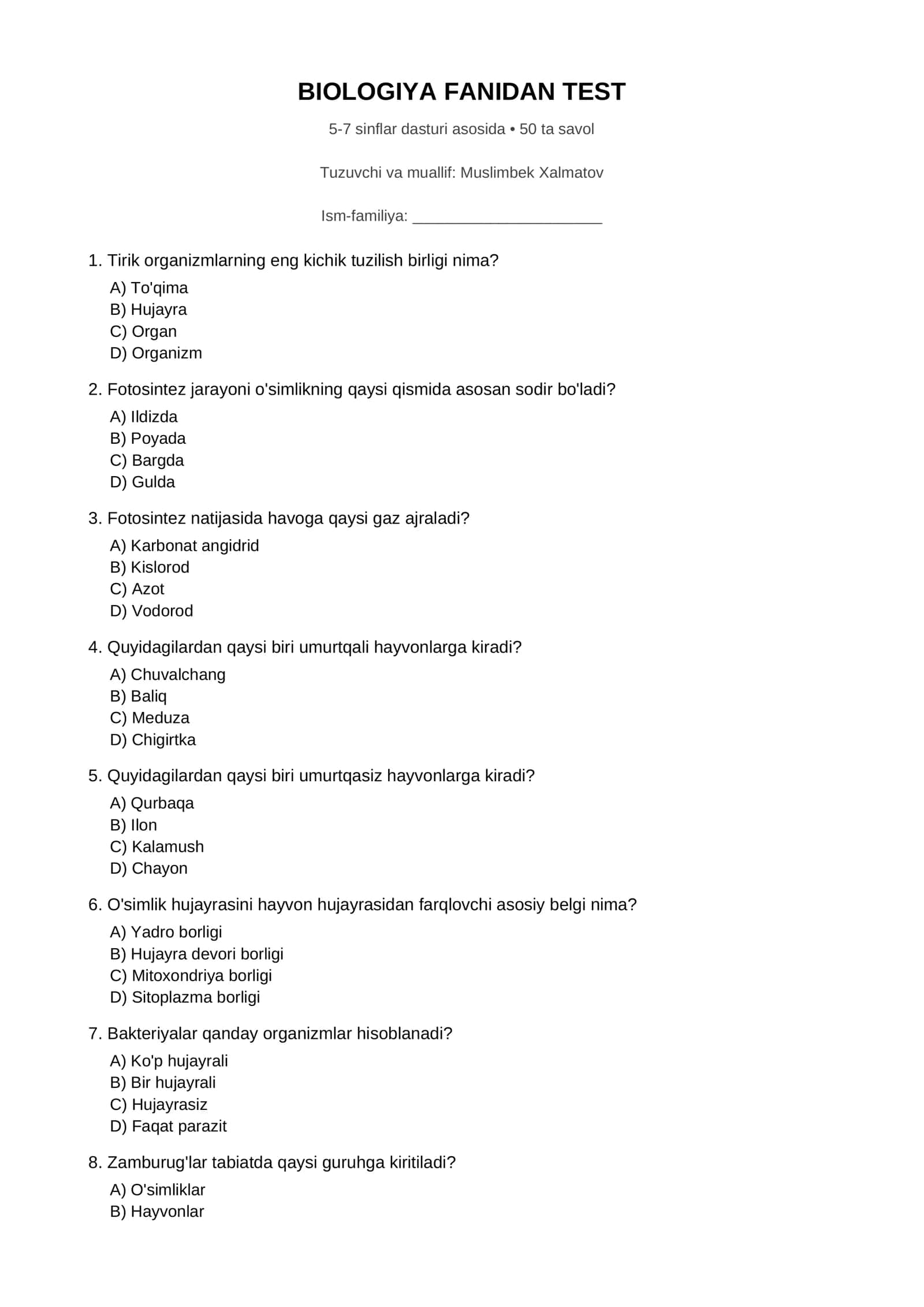 BIOLOGIYA FANIDAN TEST 1