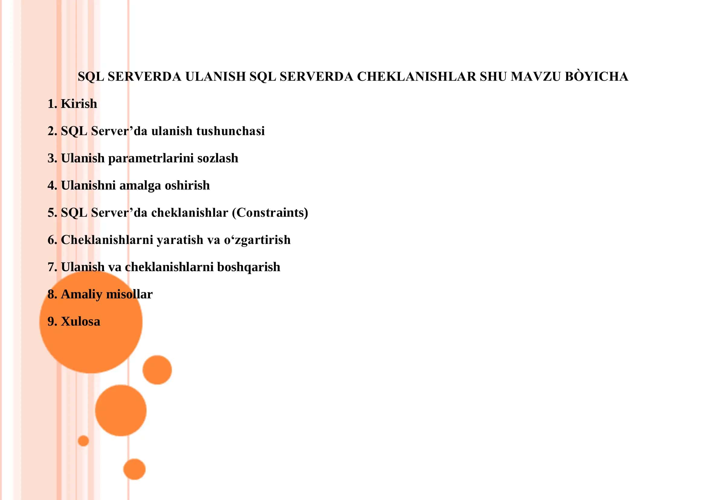 SQL SERVERDA ULANISH SQL SERVERDA CHEKLANISHLAR SHU 1
